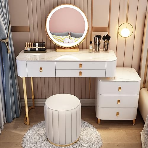 Tocador, tocador de maquillaje con taburete acolchado, tocador con espejo iluminado LED y mesa auxiliar, mesa de maquillaje con 3 cajones (color
