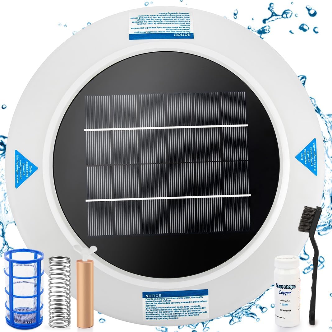 Solar Pool Ionizer for Inground & Above Ground Pools, Up to 45,000 Gallons, Floating Solar Water Clarifier, Large Solar Panel, Durable Copper Anode for Long-Term Use