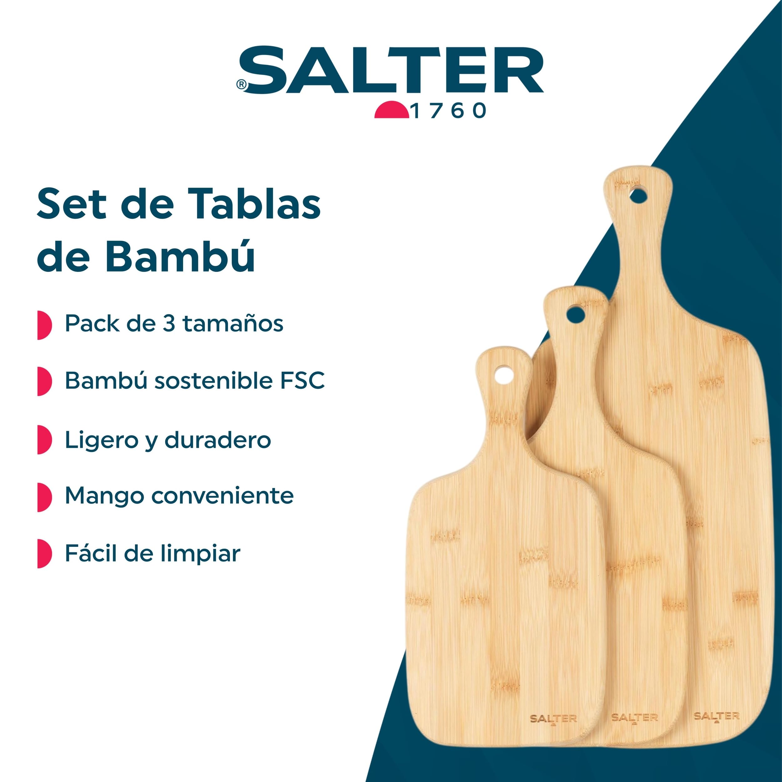 Salter BW06732 Trio De Tablas De Madera, Hecho De Bambú, Para Cortar, Preparar y Filetear Alimentos o Usar Como Charcutería Para Presentar Quesos, Embutidos o Patés, Resistentes, 30/35/45 cm