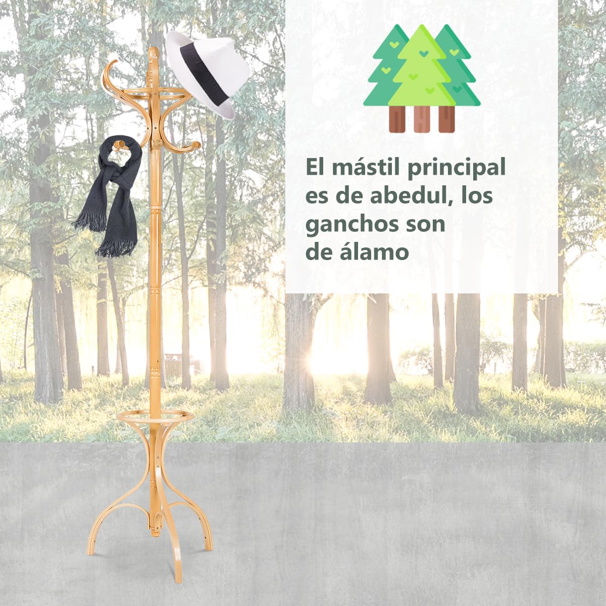 GOPLUS Perchero de Pie de Madera Maciza con 12 Ganchos y Soporte para Paraguas, Perchero Árbol para Colgar Abrigos, Sombreros y Bolsos, para Entrada, Pasillo, Dormitorio, Recibidor, 182 cm (Natural)