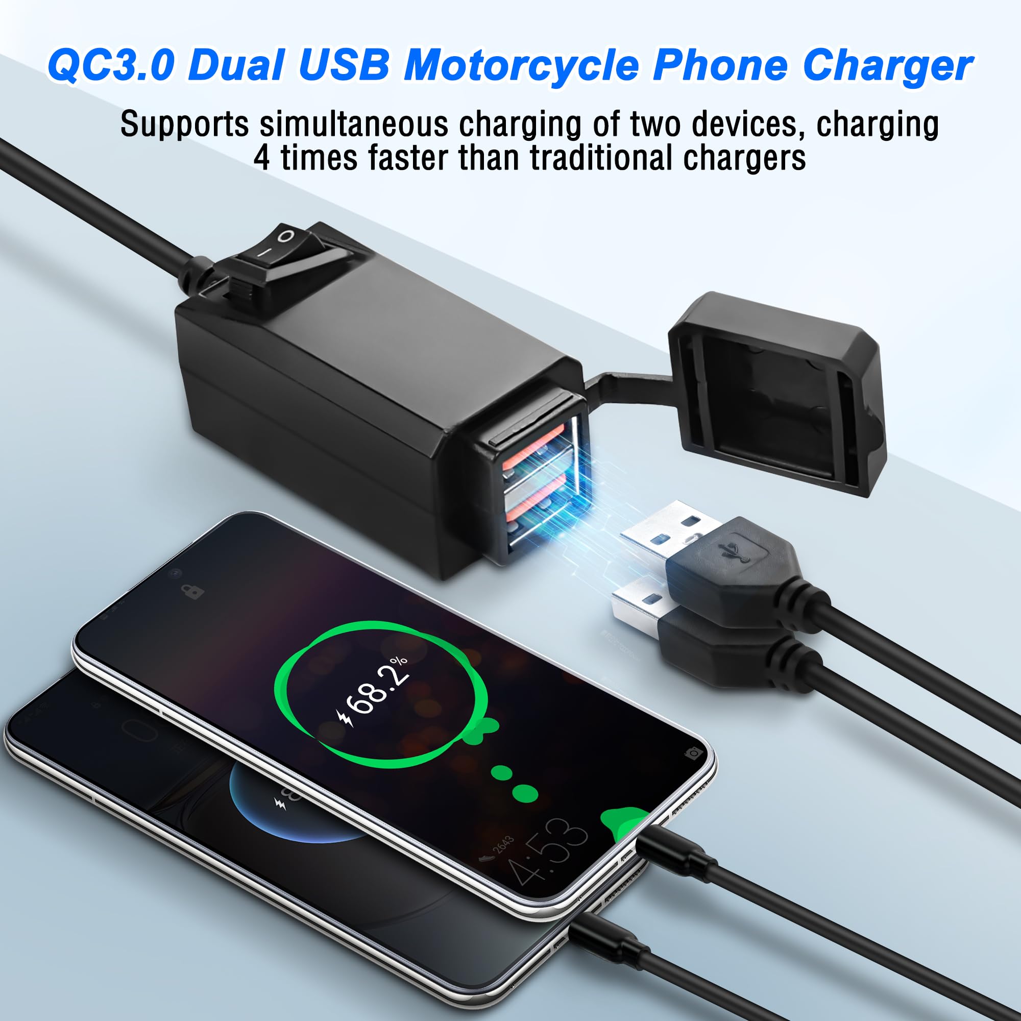 Motorfiets Dual Usb Stopcontact Met Schakelaar - Qc3.0 - X002 - 12v - 5v/3.4a - Voor Op De Motor