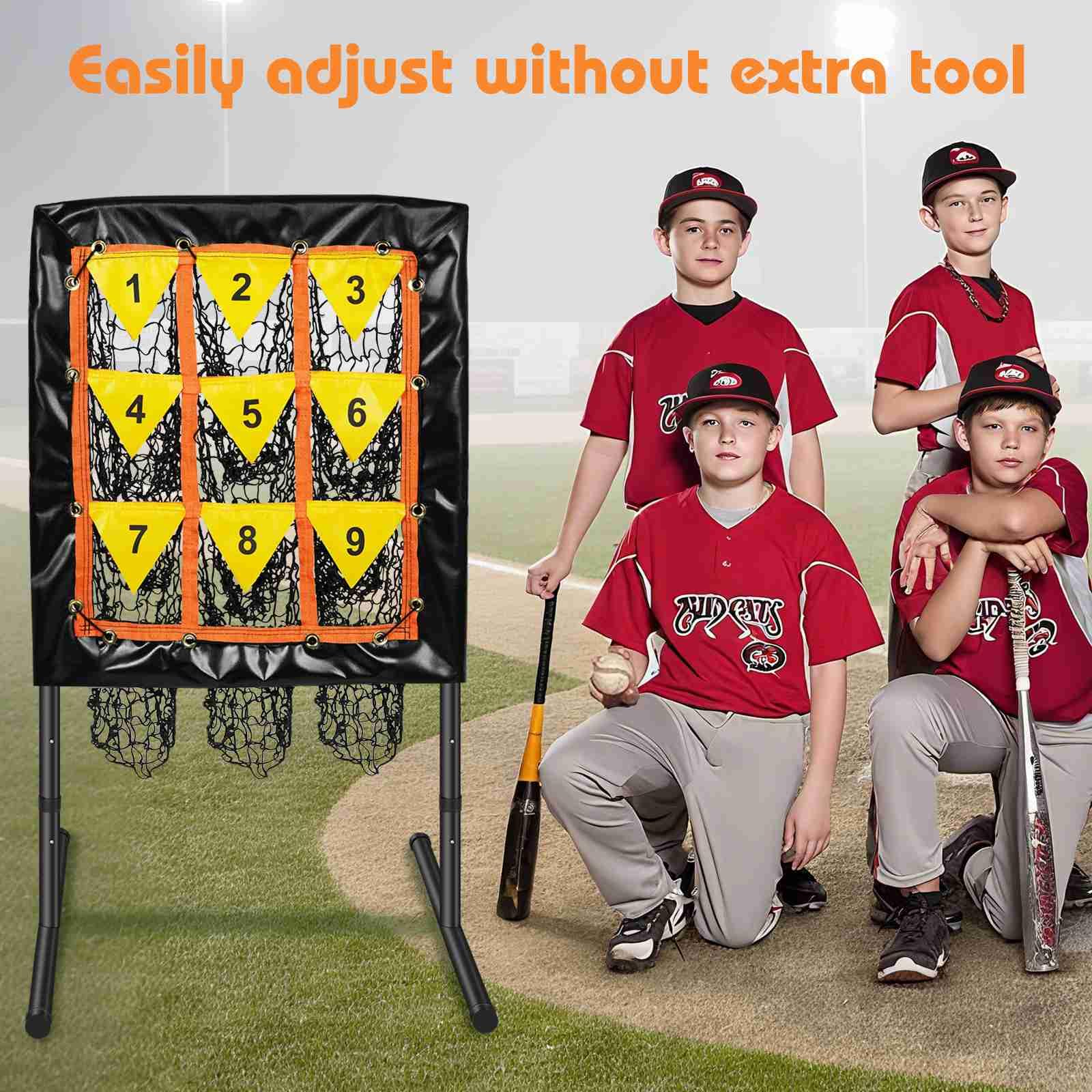 Pitching Net, 9-Loch-Baseballnetz mit Schlagzone, verstellbares Baseball-Softball-Pitching-Netz mit 9 Taschen Ziel, tragbares Pitcher-Übungsgerät für Outdoor Indoor