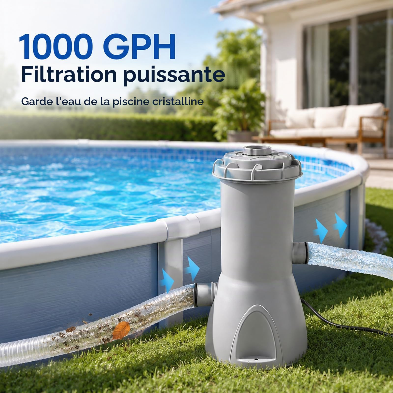 Denash Pompe Filtration Piscine Hors Sol 1000 GPH avec Filtre à Cartouche