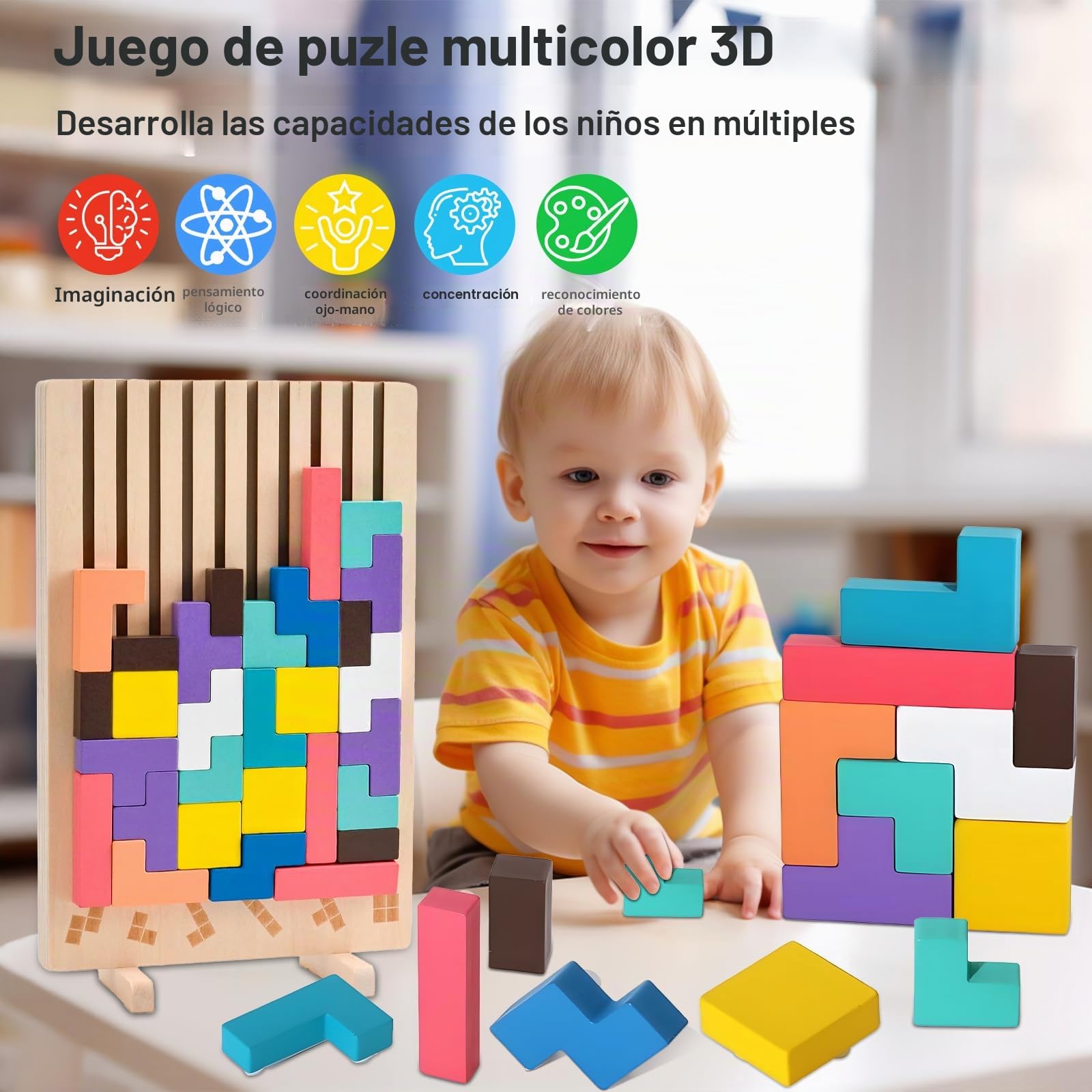 ZLPBAO Puzzle de Madera Tetris con 10 Tarjetas y Bolsa de Almacenamiento, Rompecabezas Niños, Tetris Puzzle 3D Madera,Juguetes Sensoriales, Juegos Montessori 3 4 5 6 Años