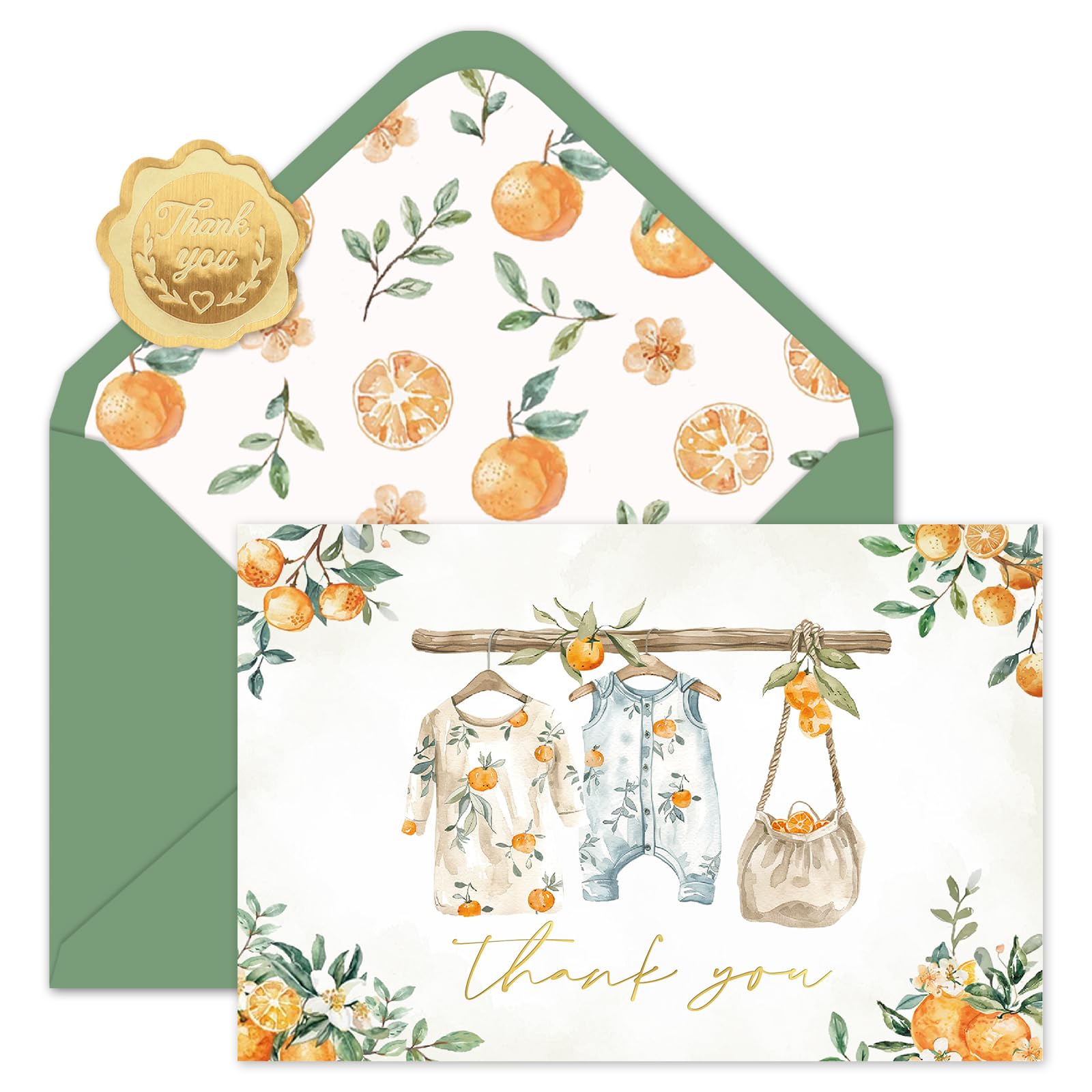 FYSUIMU 50 Pack Baby Shower Thank You Cards Orange Baby Clothes Greeting Card Boxed Blank Note Card with Envelope Sticker for Little Cutie Party