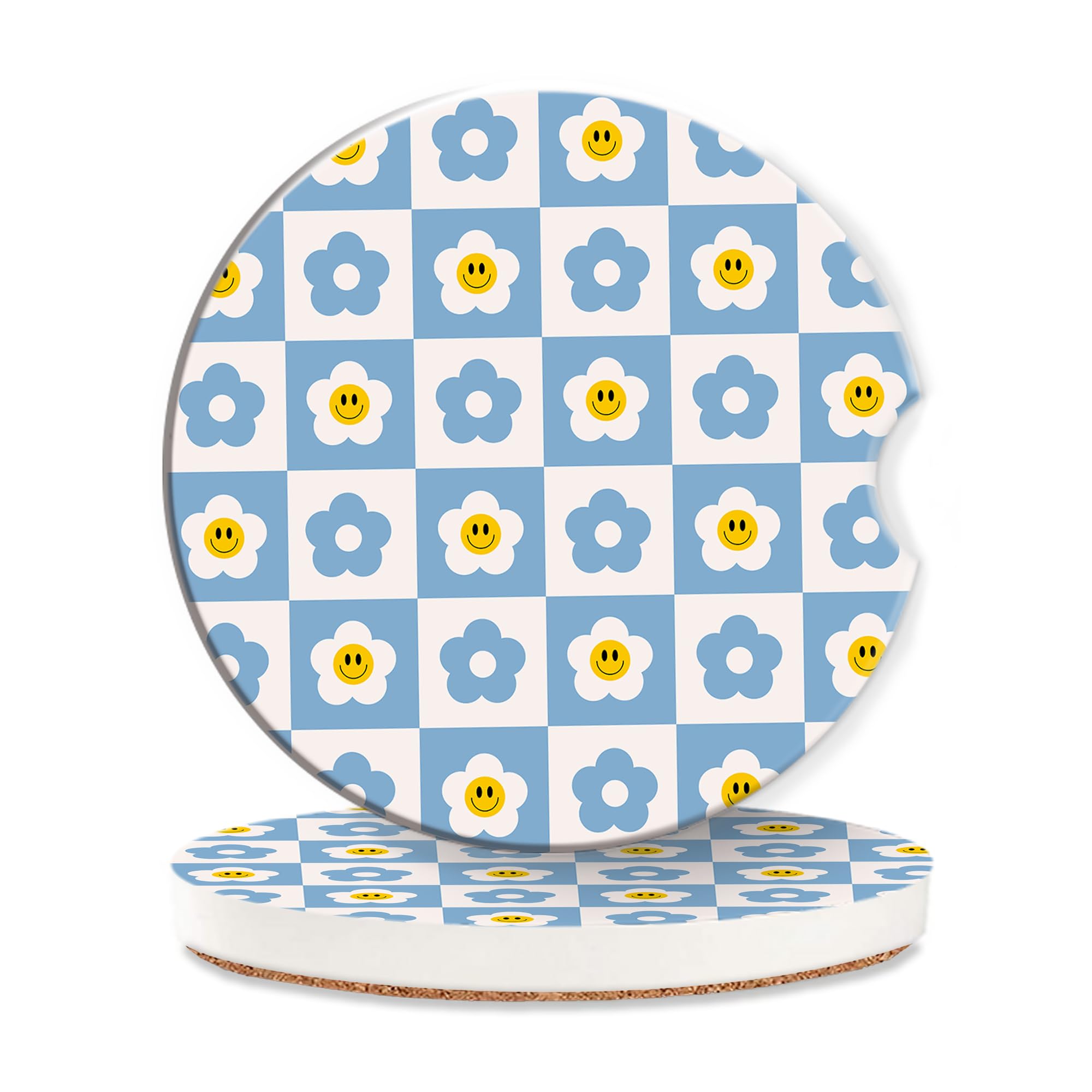Retro Checkered Groovy Car Cup Coaster 2 Pack,70s Smiling Daisy Absorbent Ceramic Coaster for Women Men,Drink Car Cup Holders Interior Assecories,