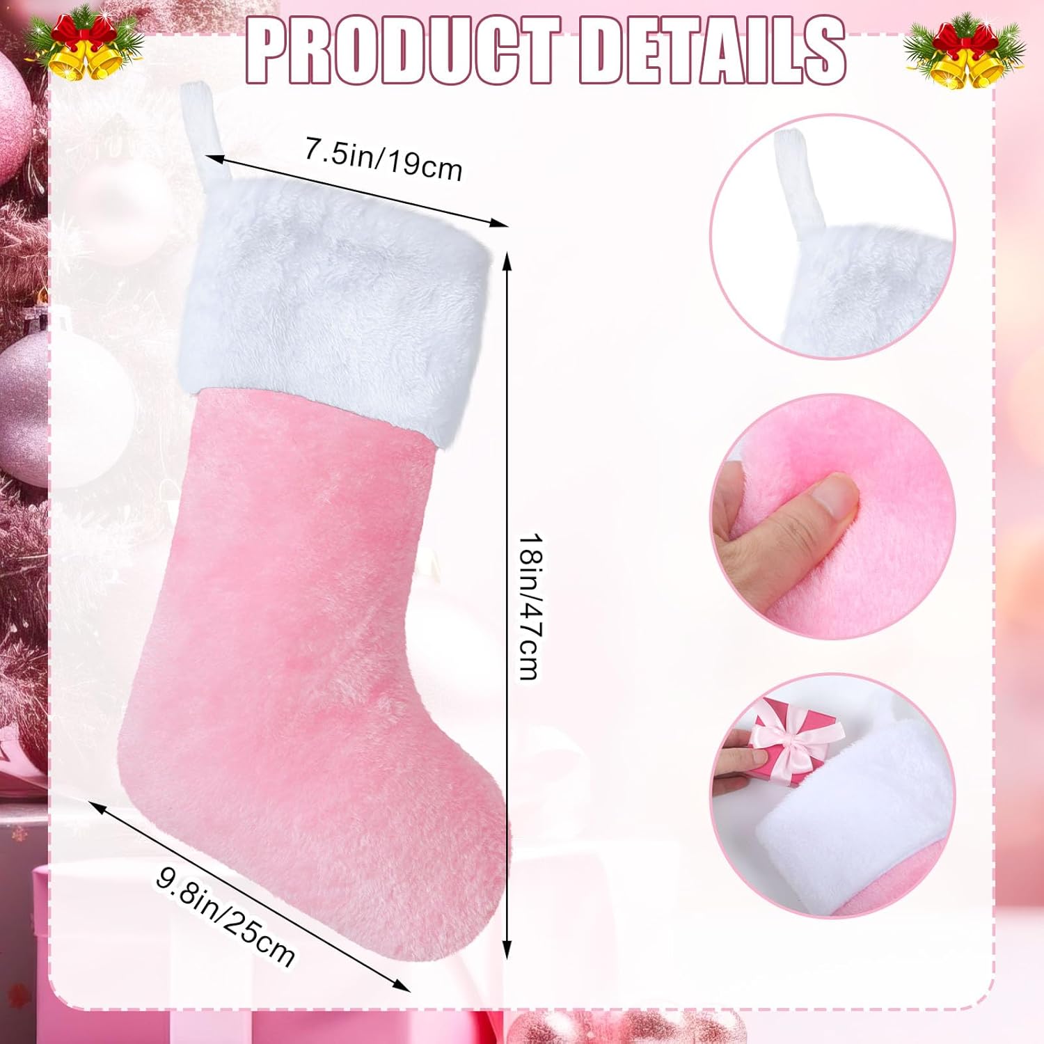 12 Pcs Christmas Stocking 18'' Bulk Thick Plush Fabric Hanging Christmas Stocking Decorations for Xmas Holiday Family Party Tree Fireplace Classic Ornaments (Pink and White) Pink and White 12