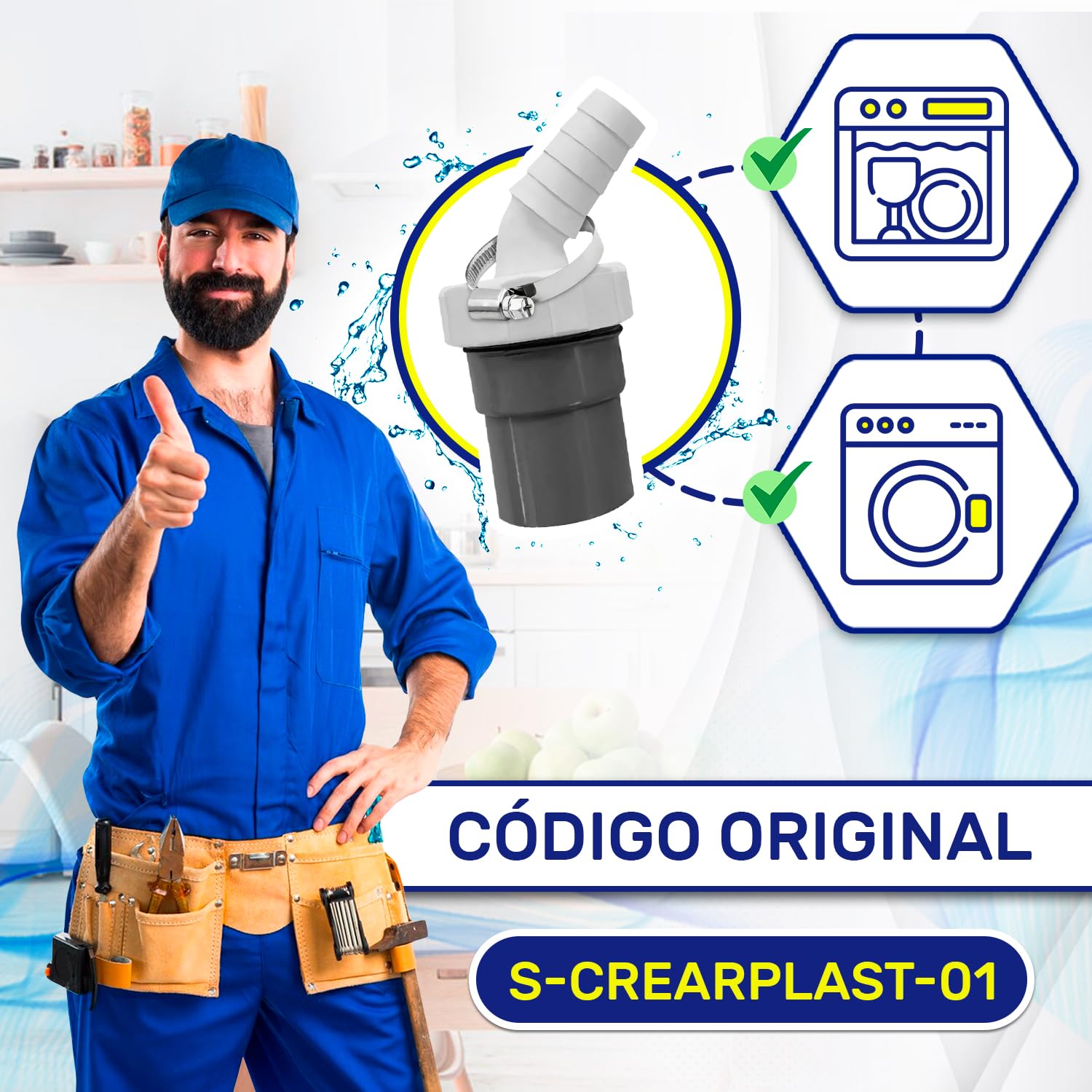 Adaptador Empalme Desague Lavadora con Salida para Tubo Ø40 mm y Entrada Ø18-23 mm - Adaptador Desagüe para Lavavajillas Incluye 1 Pieza de Abrazadera Ø20-32 mm - Garantía de 10 Años - MONTERAL — view 3