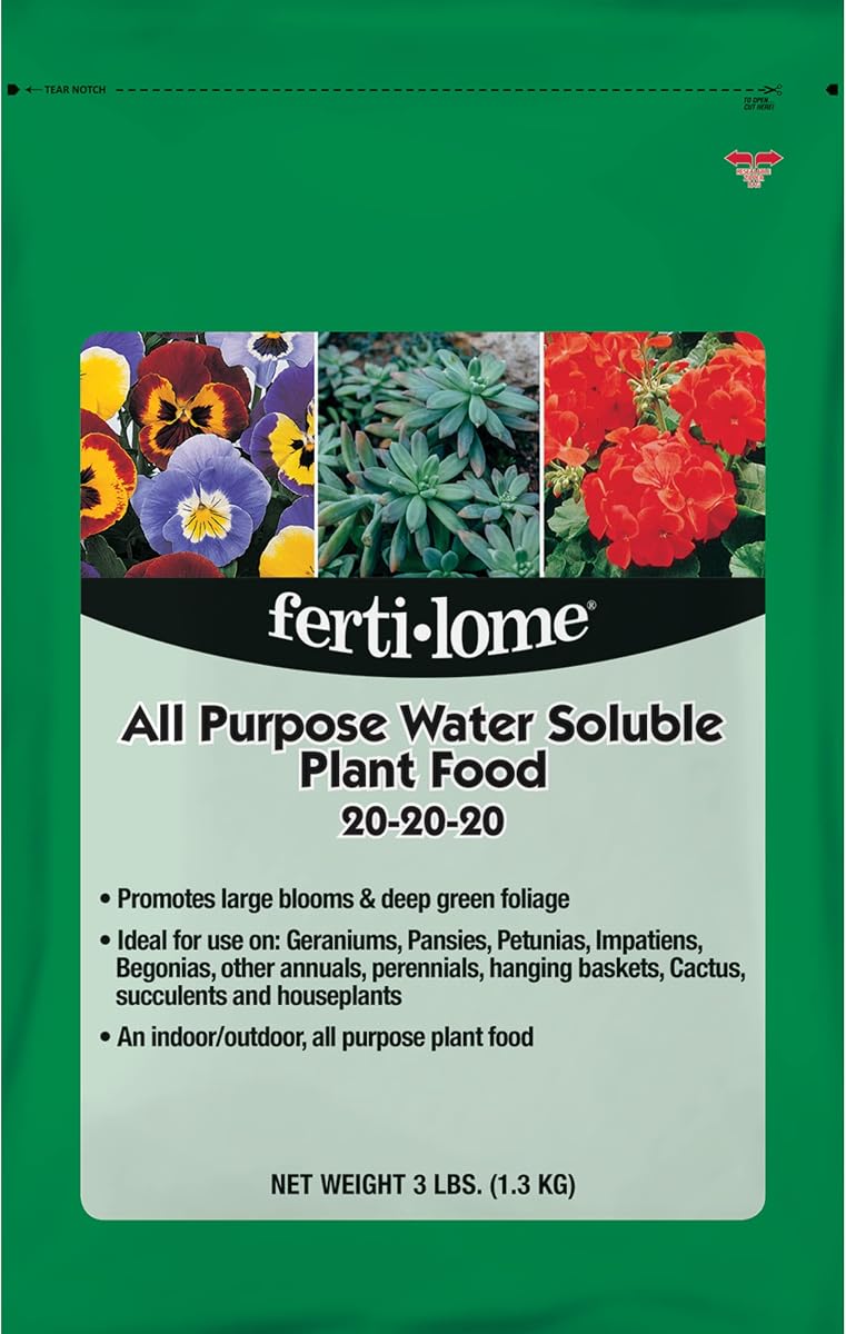 Fertilome (11722) All Purpose Water Soluble Plant Food 20-20-20, 3 lb | 20-20-20 balanced NPK water-soluble - Fast-acting for geraniums, baskets, patio plants - Home gardeners