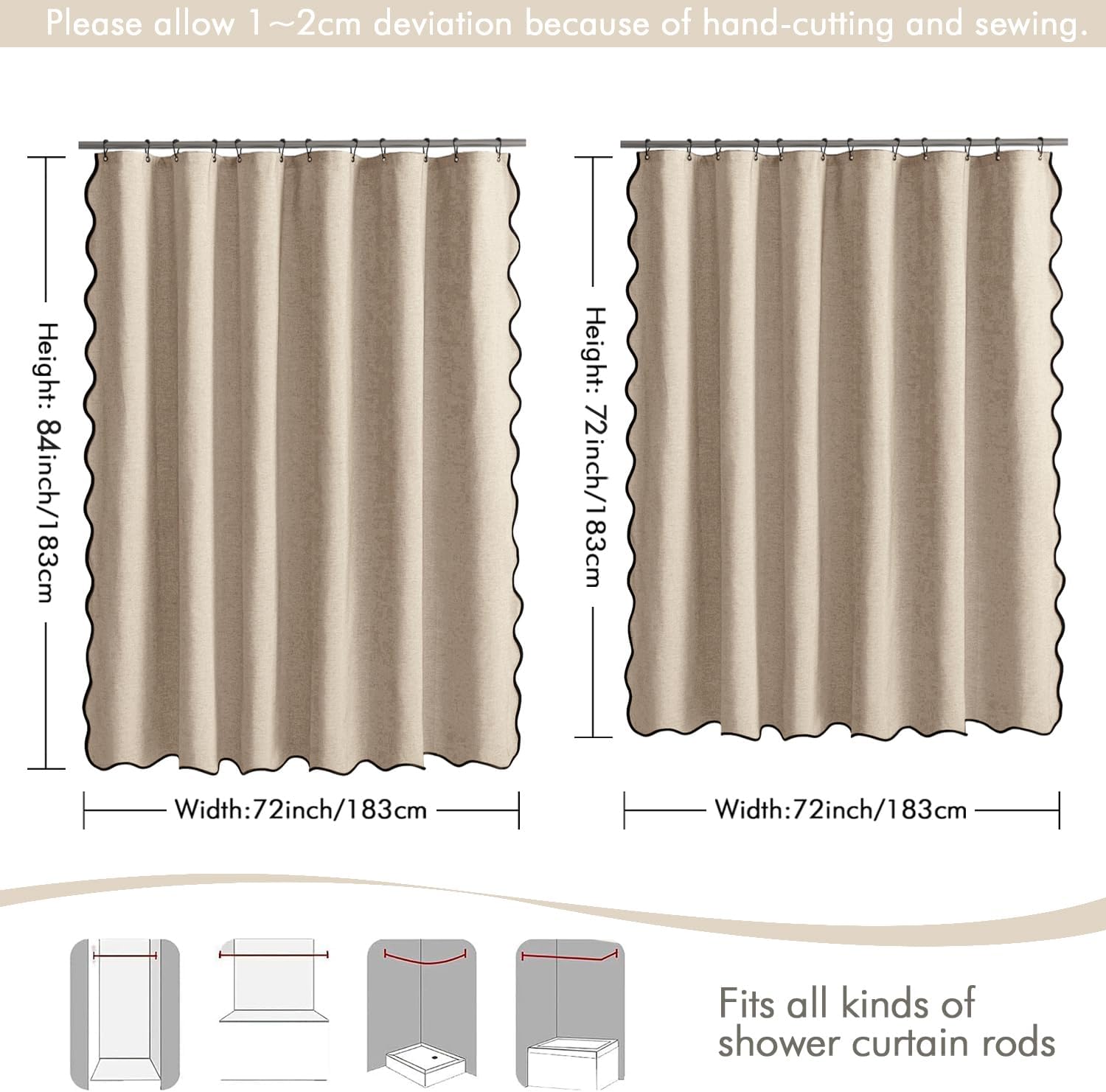 MIULEE 84" Long Scalloped Shower Curtain Linen Textured with 12 Metal Hooks Cute Extra Long Heavy Duty Washable Waterproof Cloth Shower Curtains with Black Border for Bathroom Hotel,Copper Brown