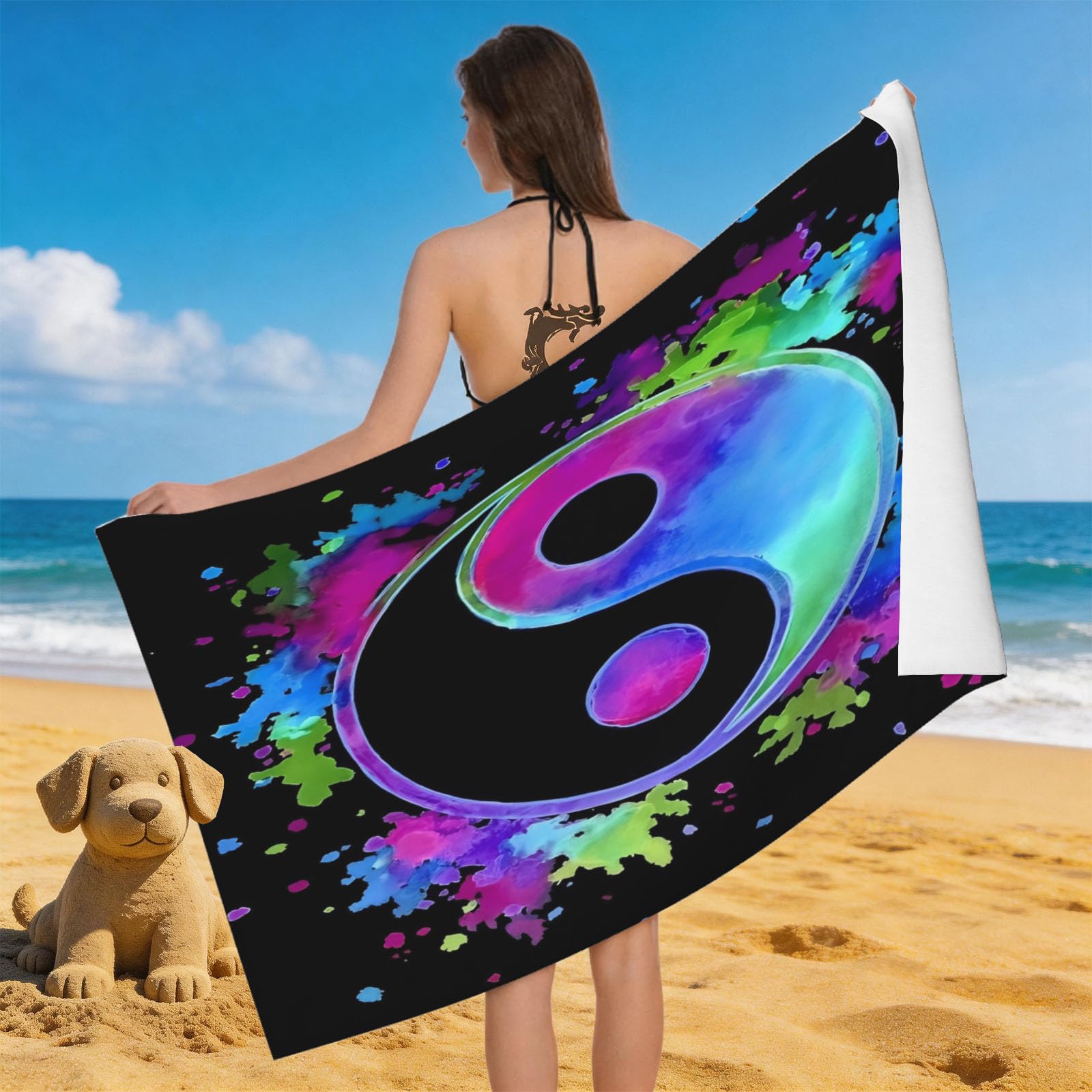 Leichong 3D Yin Yang Beach Towel Microfiber Soft Quick Dry for Adults, Colorful Splash Ink Bath Towel Lightweight Soft Absorbent for Travel Swimming Pool Sports, 75 x 150 cm