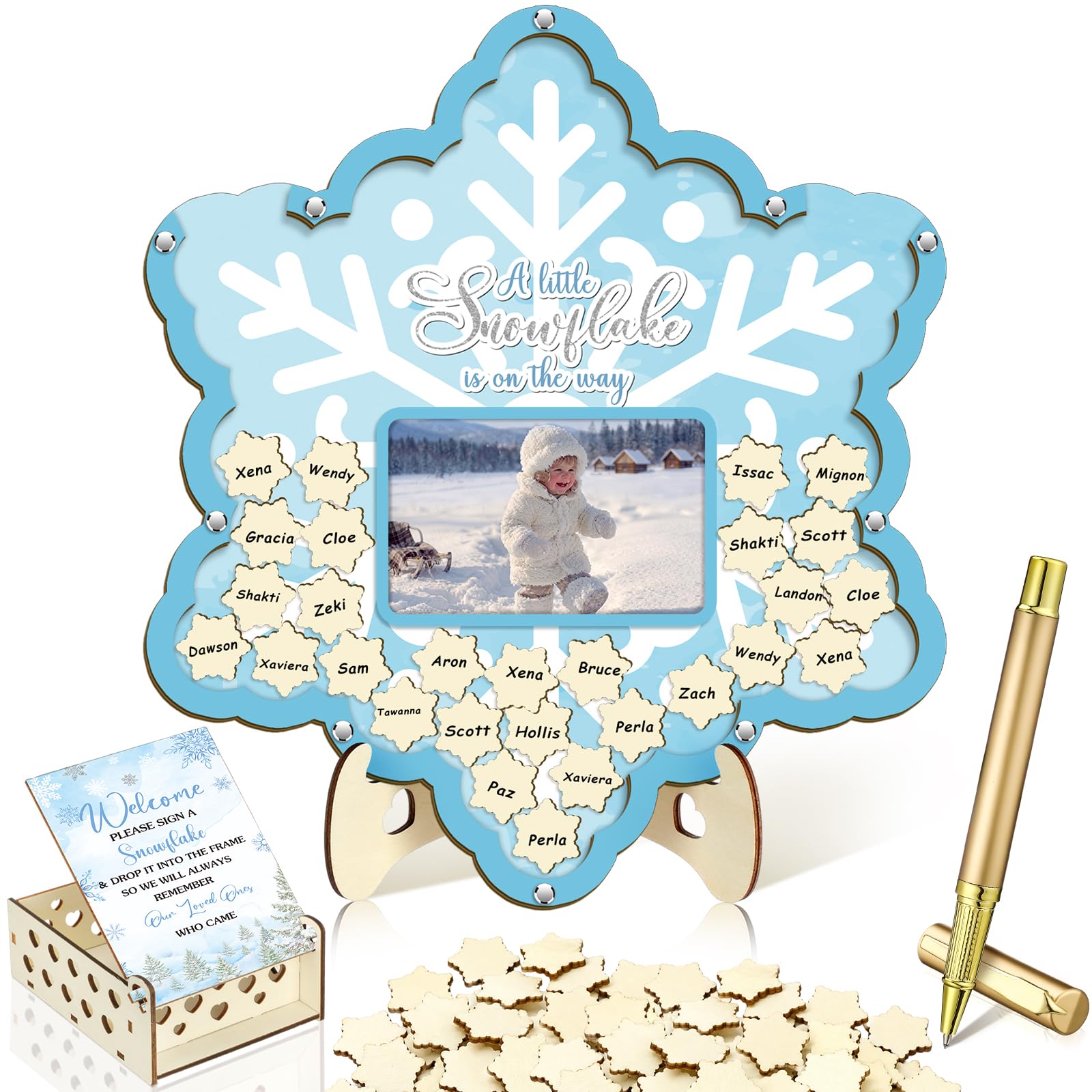 Wenqik 63 Pcs Blue Snowflake Baby Shower Guest Book,Blue