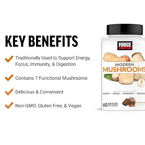 Miniatura 2 de Force Factor Modern Mushrooms Soft Chews, suplemento de hongos con melena de león, cola de pavo y cordyceps para apoyar la energía, la inmunidad y