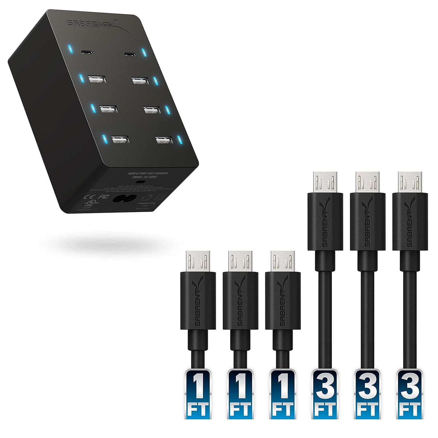 100 Watt 8 Port Family Sized USB Rapid Charger UL Certified Includes 2 PD Power Delivery Ports Micro