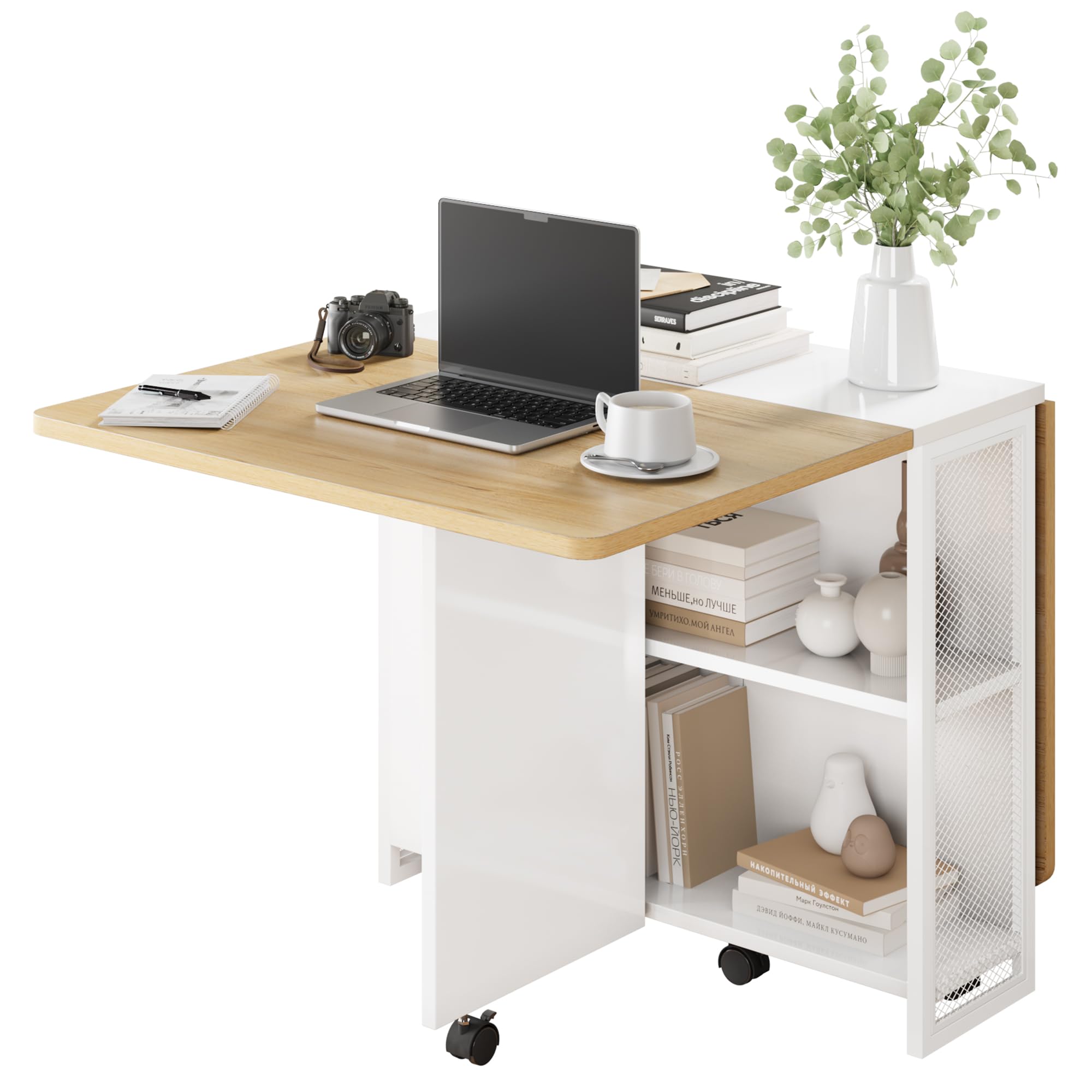 Garvee Table De Cuisine Pliante sur roulettes, Table à Manger pour 4 à 6 Personnes avec 2 Plateaux Et 2 étagères Intégrées, Table en Bois Gain De Place pour Petits Espaces Et Salons,127 x 80 x 75 Cm
