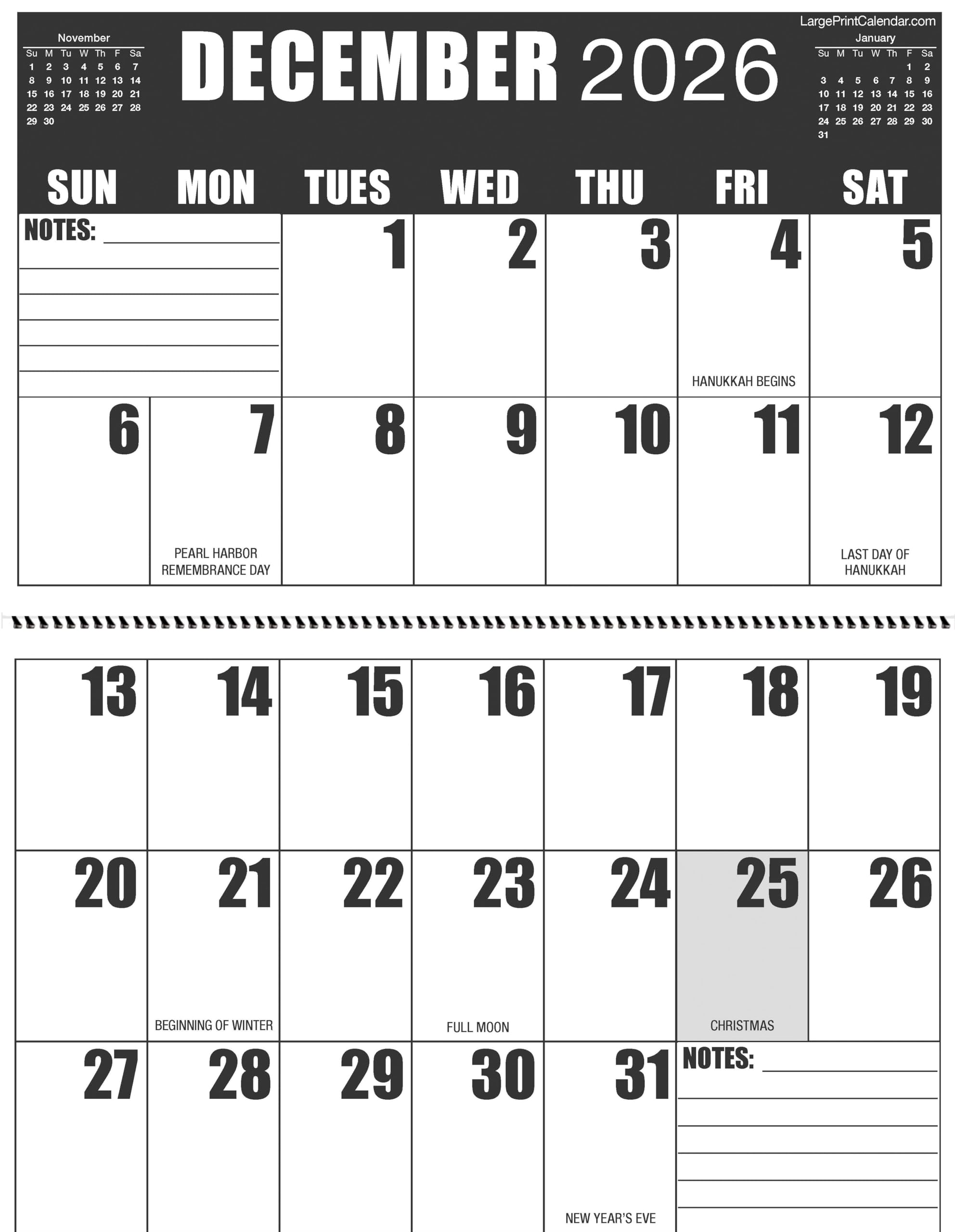 Calendario de 19 meses, junio de 2025 a diciembre de 2026 | Calendario de pared de alto contraste con impresión grande