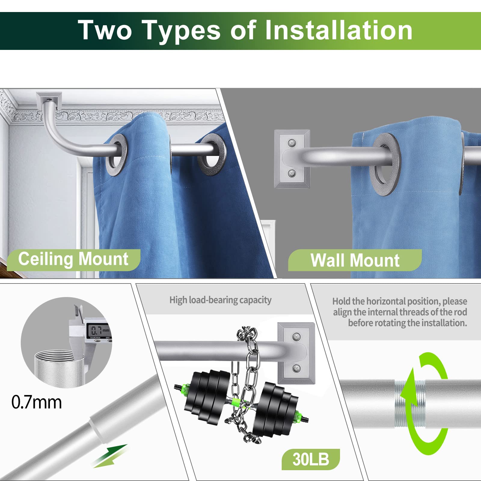 Nickel Wrap Around Curtain Rods,Nickel Curtain Rods for windows 48 to 84 inch(4-7Ft),Adjustable Blackout Curtain Rod,1 Inch Diameter Room Darkening Drapery Rods,Window Curtains Rod 48-90",Silver