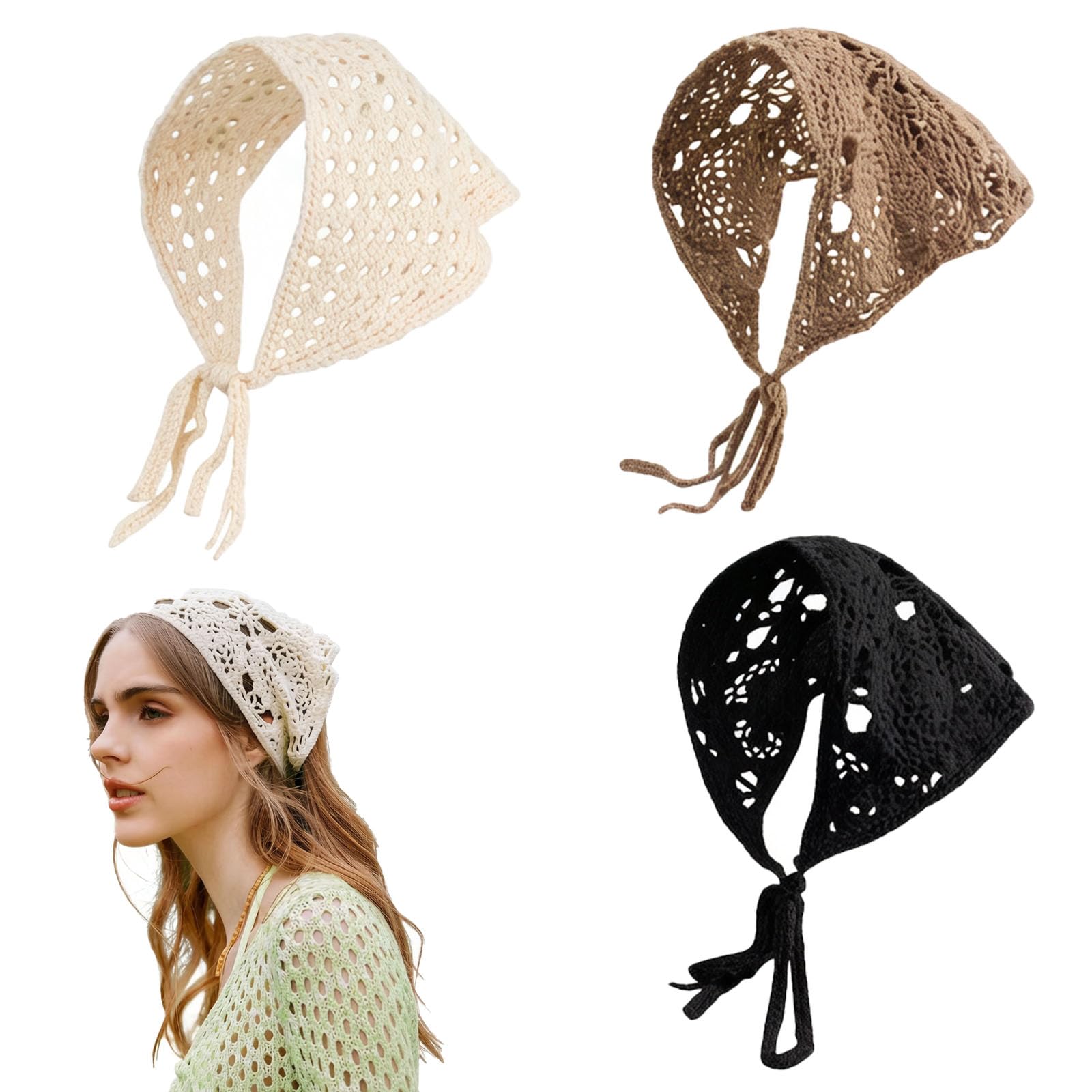 3 Pcs Head Scarf for Stylish, Crochet Headband Lace Scarf Hair Accessories for Women Stylish, Retro Fashion Headwrap for Outdoor Activities and Daily Wear-image-41