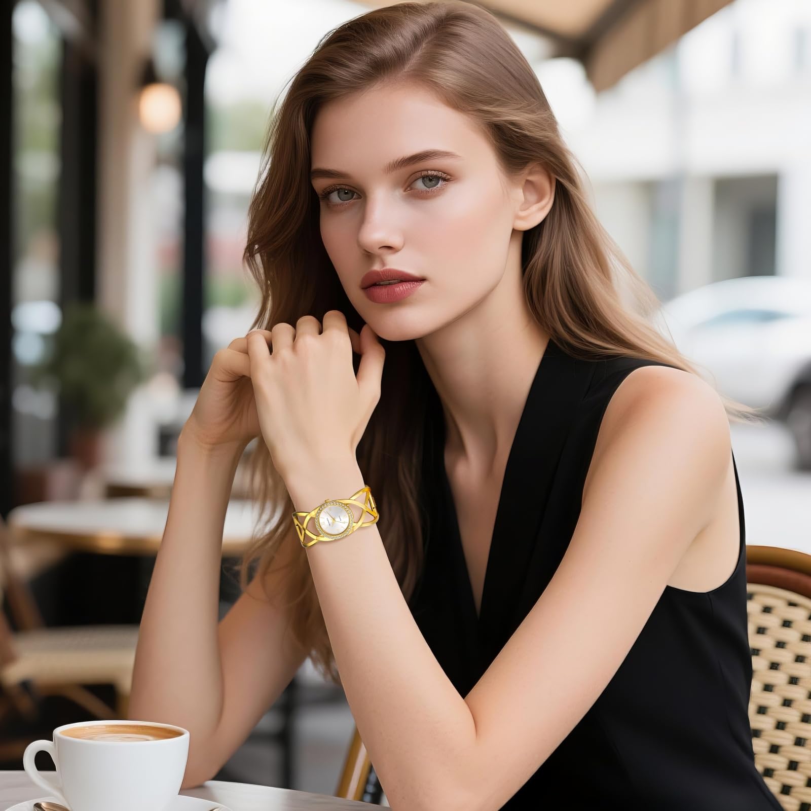JewelryWe Reloj de pulsera gruesa para mujer: reloj de pulsera abierta de acero inoxidable en tono dorado, esfera analógica de cuarzo fácil de leer con números romanos con detalles de circonita cúbica