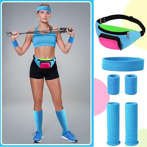 Miniatura 5 de Xuniea 6 unidades de disfraces de entrenamiento de los años 80 y 90, calentadores de piernas de neón, diadema, muñequeras, riñonera para fiestas