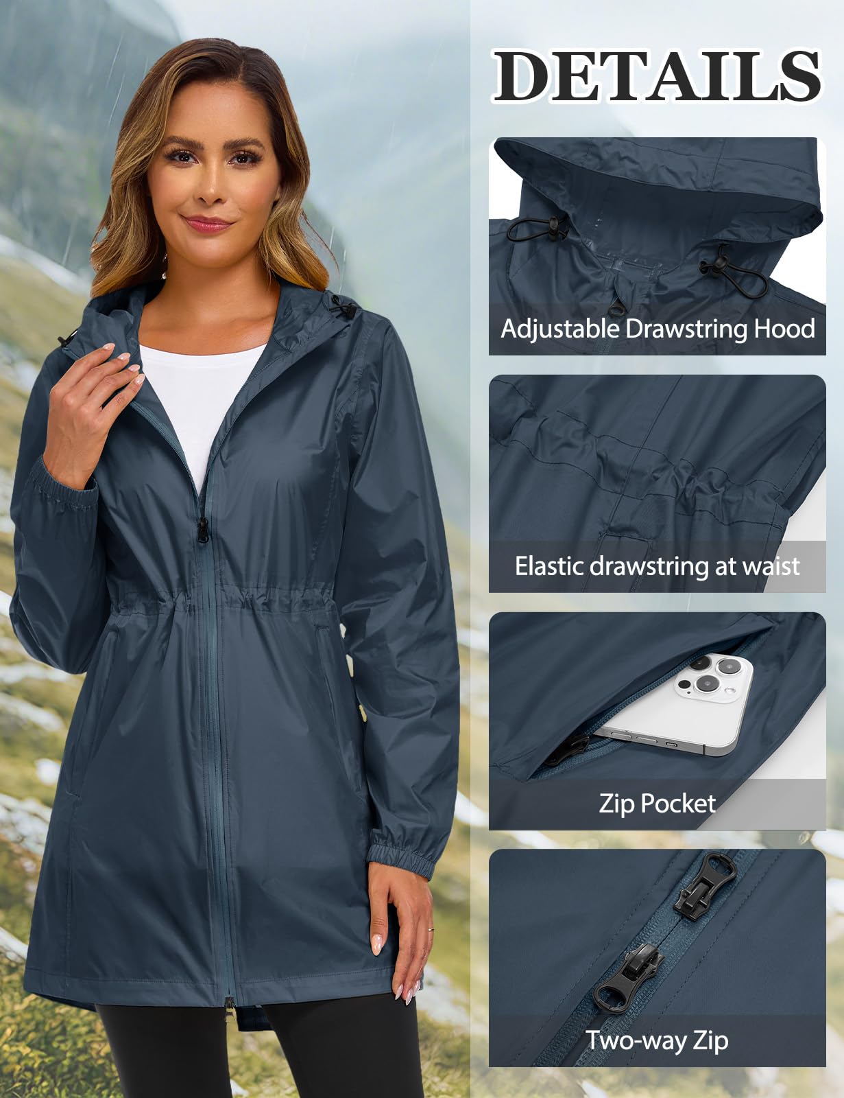 CMTOP Chubasquero Mujer Plegable Impermeable Cortavientos Chaqueta de Lluvia con Capucha
