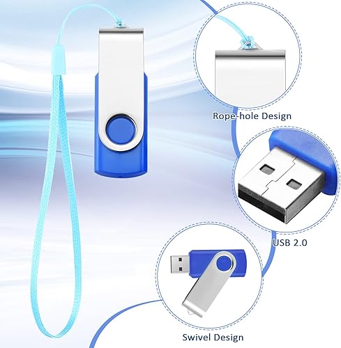 Miniatura 3 de Paquete de 50 unidades flash USB a granel con cordones USB 2.0, unidad flash giratoria de almacenamiento a granel con luz LED para almacenamiento de