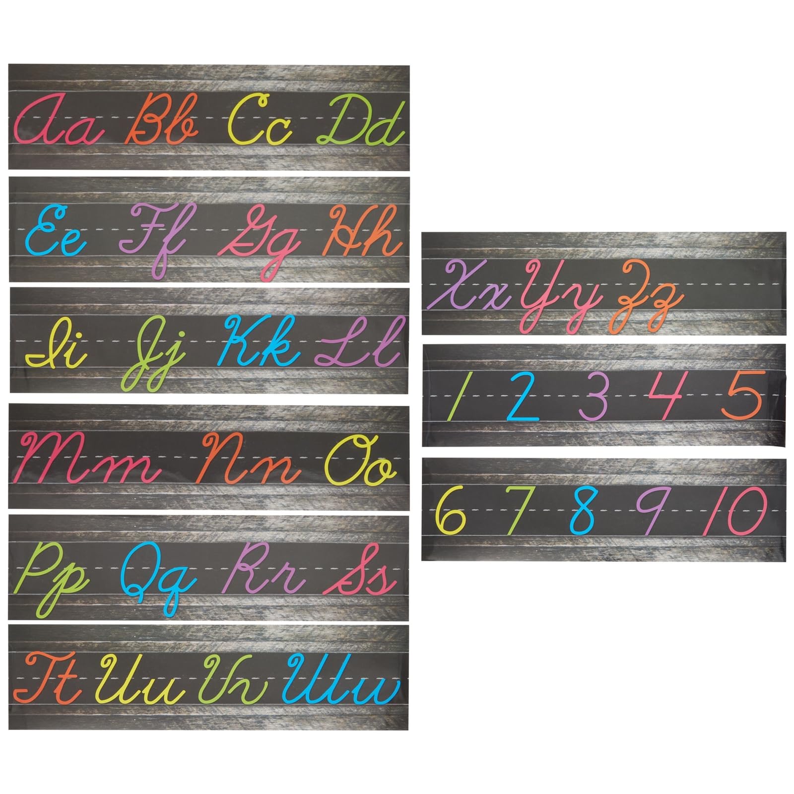 Cursive Alphabet Wall Strip - Numbers Bulletin Board Borders for Classroom Wall - Pack of 9 – Chalkboard Brights Alphabet Design Cursive Letters (21 x 6 in)