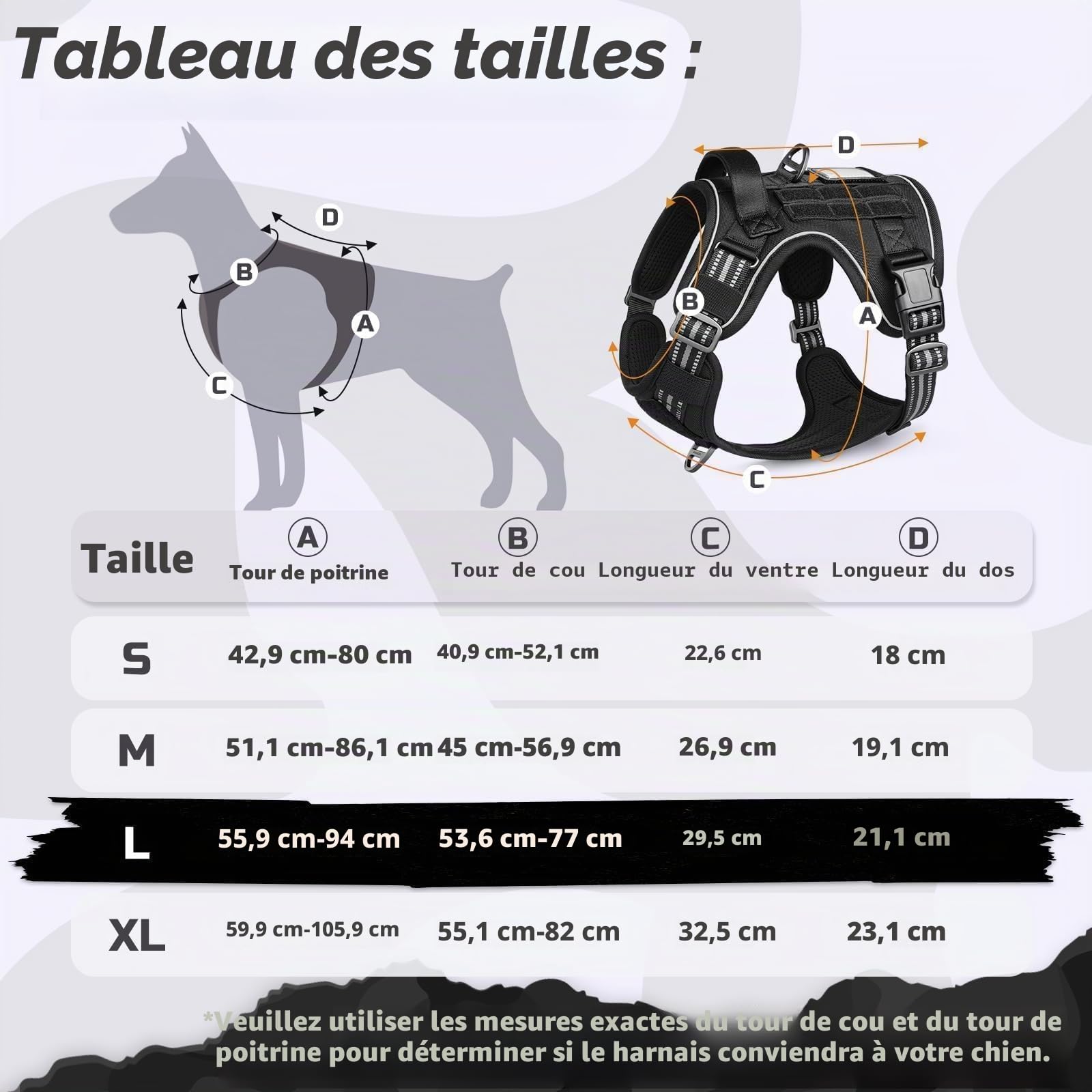 rabbitgoo Harnais Chien Anti Traction, Harnais Tactique Chien Réfléchissant Réglable avec Poignée et Anneaux, Gilet Solide Facile à Mettre, Harnais Chien Militaire pour Entraînement Chasse, Noir, L