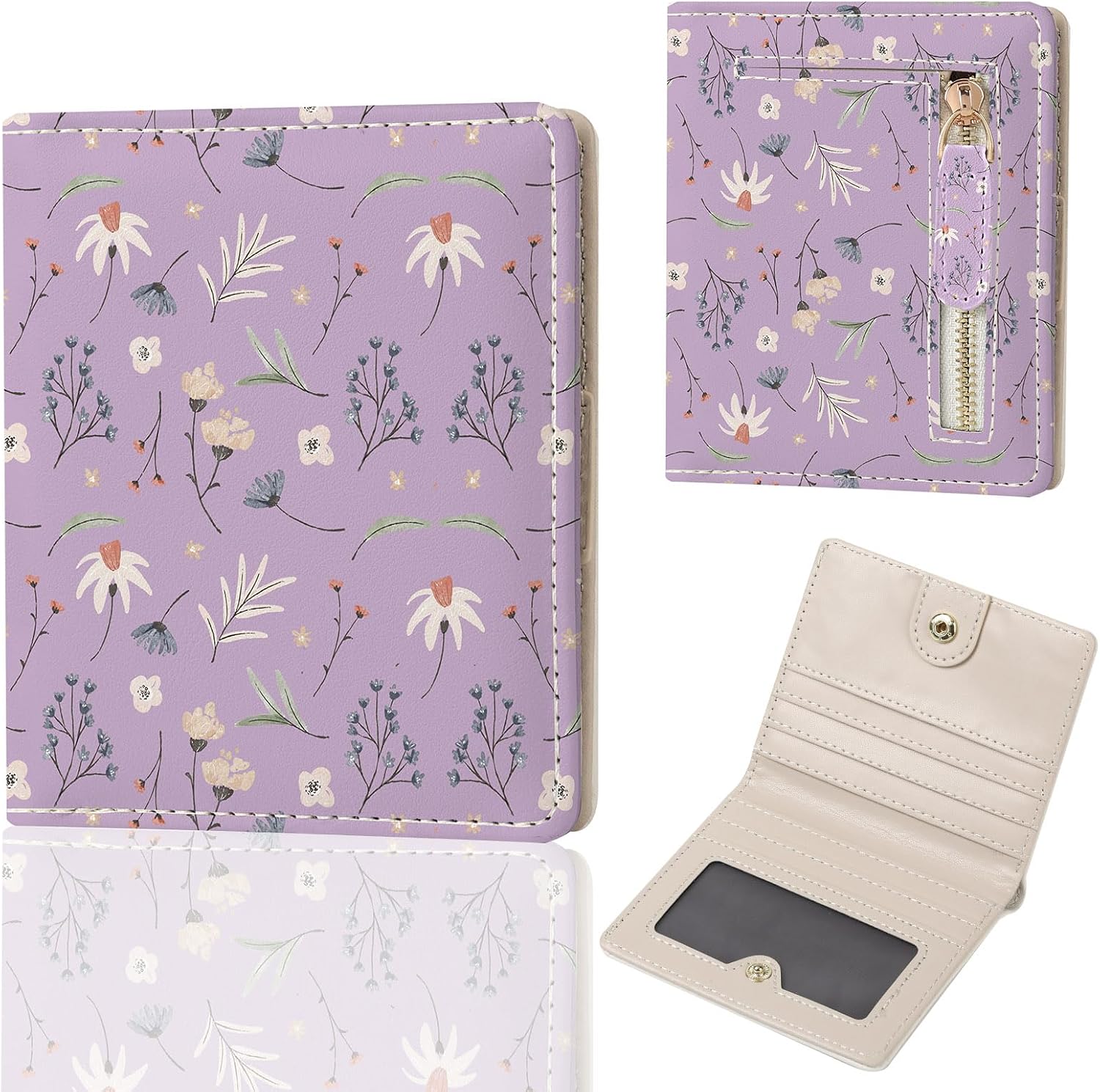 Small Women's Wallet, RFID Blocking Slim Bifold Purse, Compact PU Leather Card Holder with ID Window & Zipper Coin Pocket, Travel Wallet for Ladies & Teen Girls,Purple Flower 1