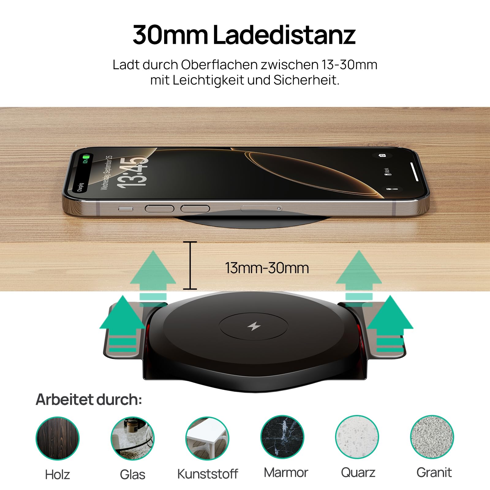 KPON Invisible Wireless Charger unsichtbares drahtloses, 30mm Versteckt unter dem Tisch, induktives Ladegerät für iPhone 16/15/14/13/12/11/Pro/Mini/Max/Xs, Samsung S24/S23/S22/S21/S20/S10/S9/S8