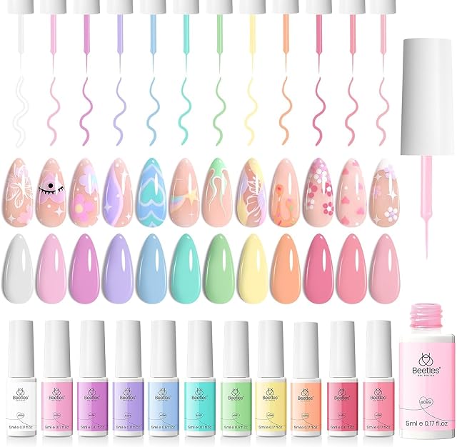 Beetles Pastel Gel Liner Nail Polish Set, 12 Colors Spring Sheer Pink Nude Blue Purple White Yellow Orange French Line Swirl Nail Art Gel Polish Soak Off Uv Lamp Manicure Gifts for Women