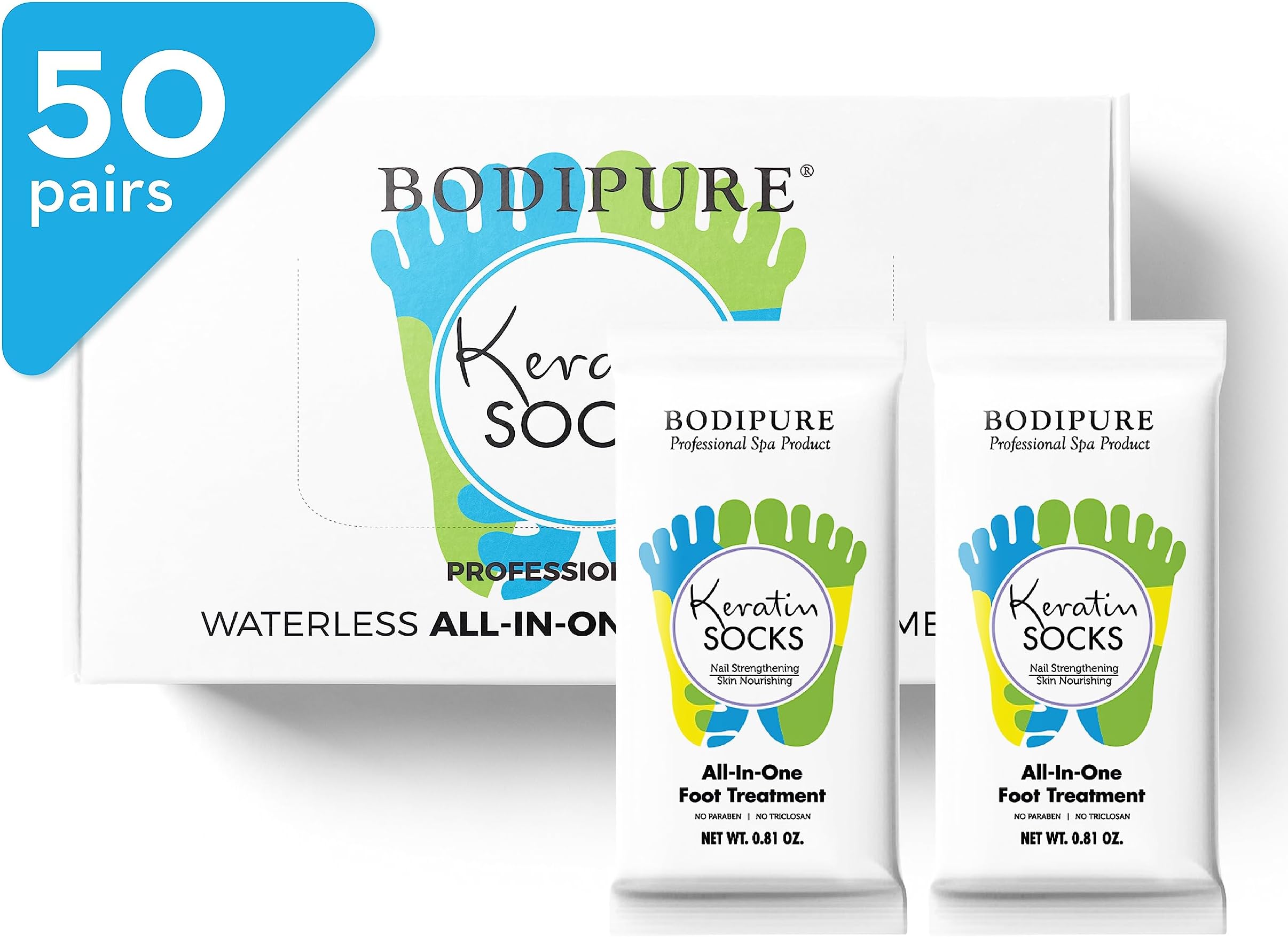 Bodipure All-In-1 Moisturizing Foot Mask | Keratin & Vitamin E Foot Mask for Dry Cracked Feet, Callus & Heel Softening | Easy-to-Use Pedicure Foot Repair | Chemical-free Feet Treatment | 50 Pairs