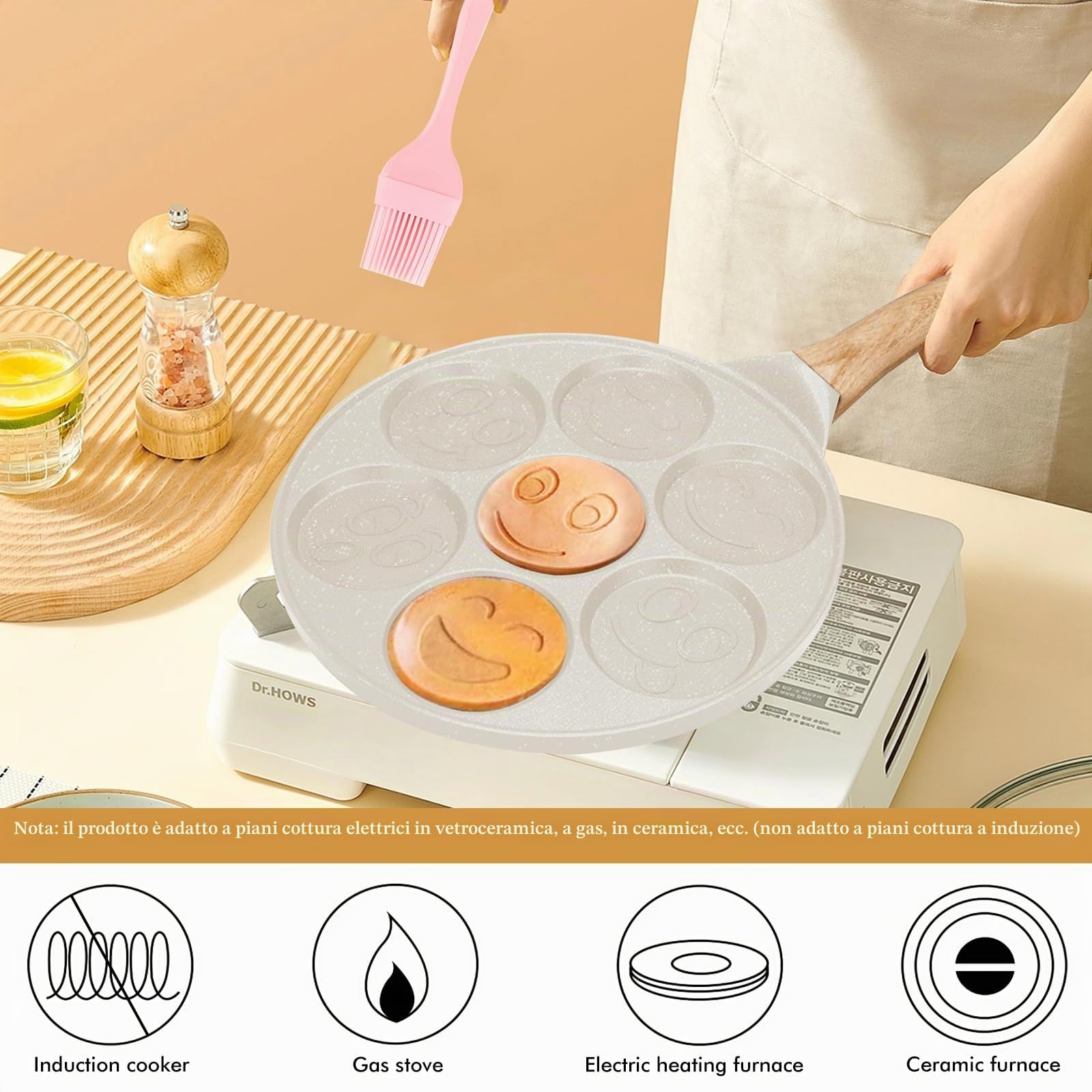 Padella antiaderente per pancake, 26 cm, con sette fori, per crepes Crepes Maker con facce sorridenti, padella per pancake per gas, ecc, padella per uova fritte per omelette, frittelle, hamburger