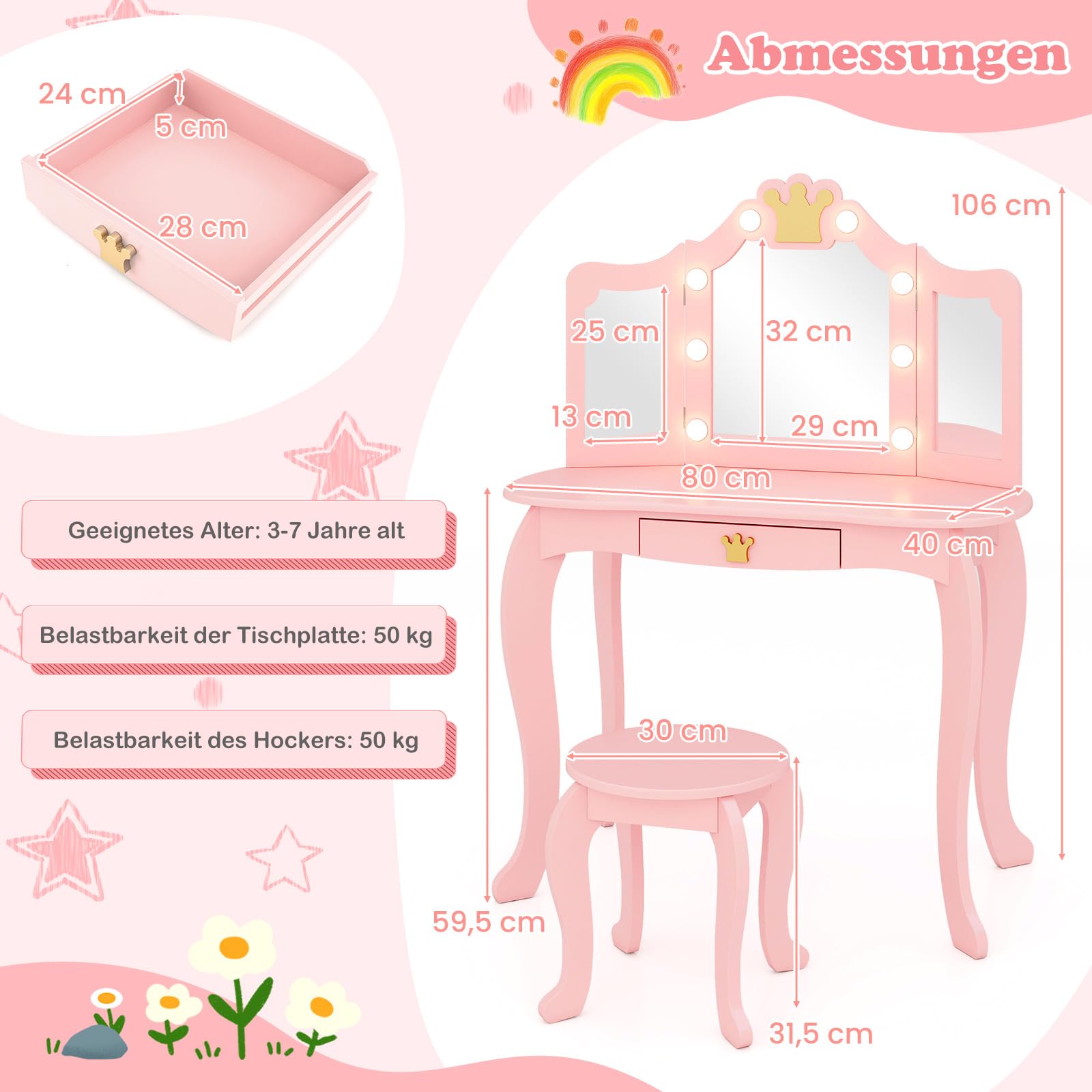DREAMADE Schminktisch Kinder mit Hocker & Schublade, Prinzessin Frisiertisch Kosmetiktisch mit abnehmbarem Spiegel & Kippsicherung, Kinderschminktisch für Mädchen aus Holz (Rosa-mit Beleuchtung)