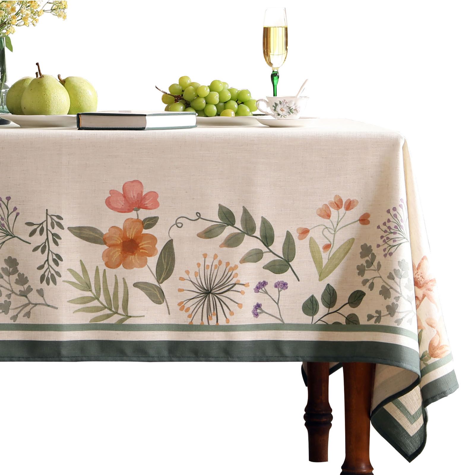 bilin gaier Beige Linen Rectangle Tablecloth,Vintage French Shabby Chic Floral Wrinkle Free Table Cloth,Decor Table Cover for Kitchen,Dining,Party,