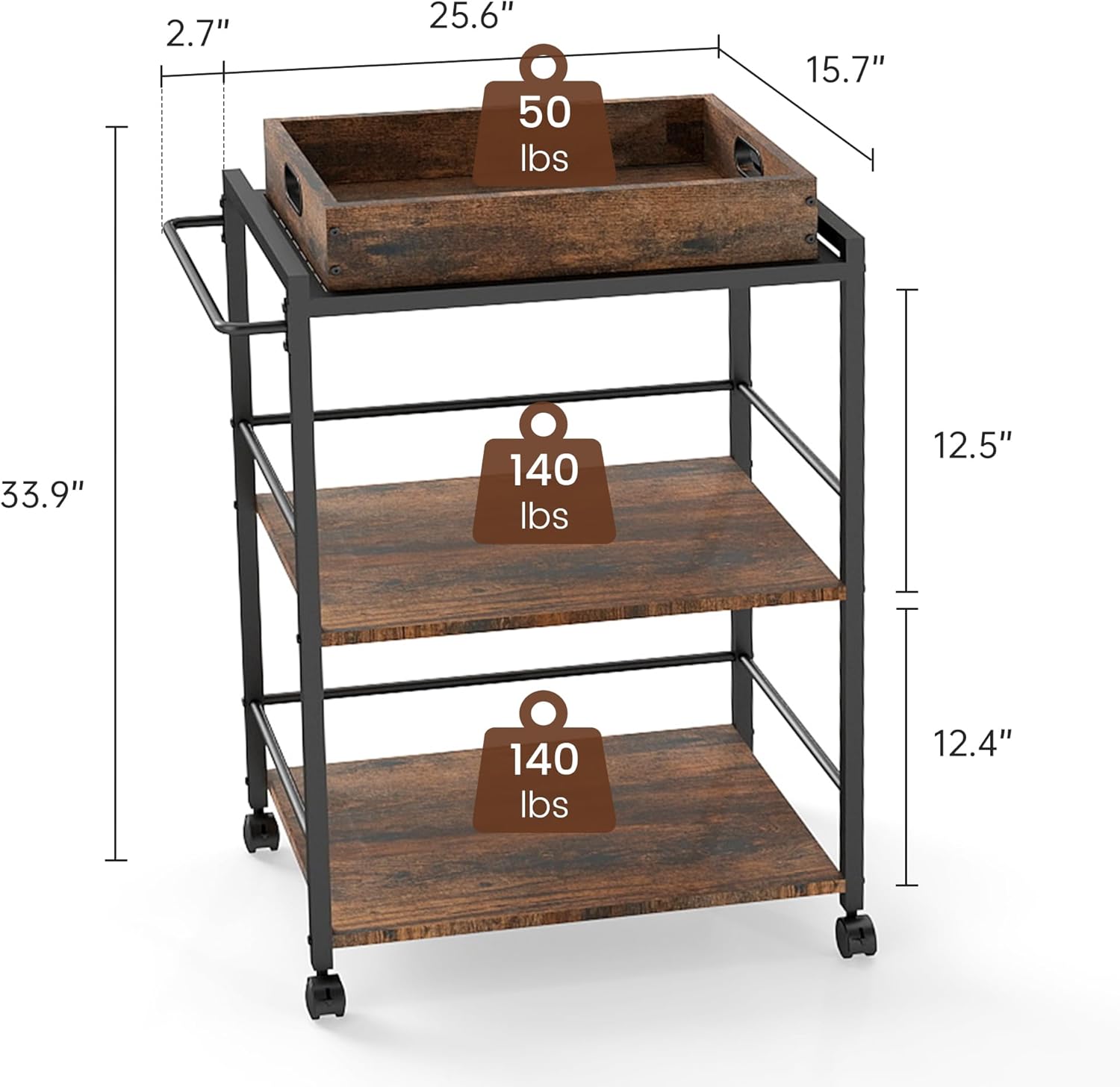 3 Tier Kitchen Cart, Rolling Bar Cart for Tea, Coffee, Liquor, and Drink Service with Removable Serving Detachable Server, Rustic Brown and Black