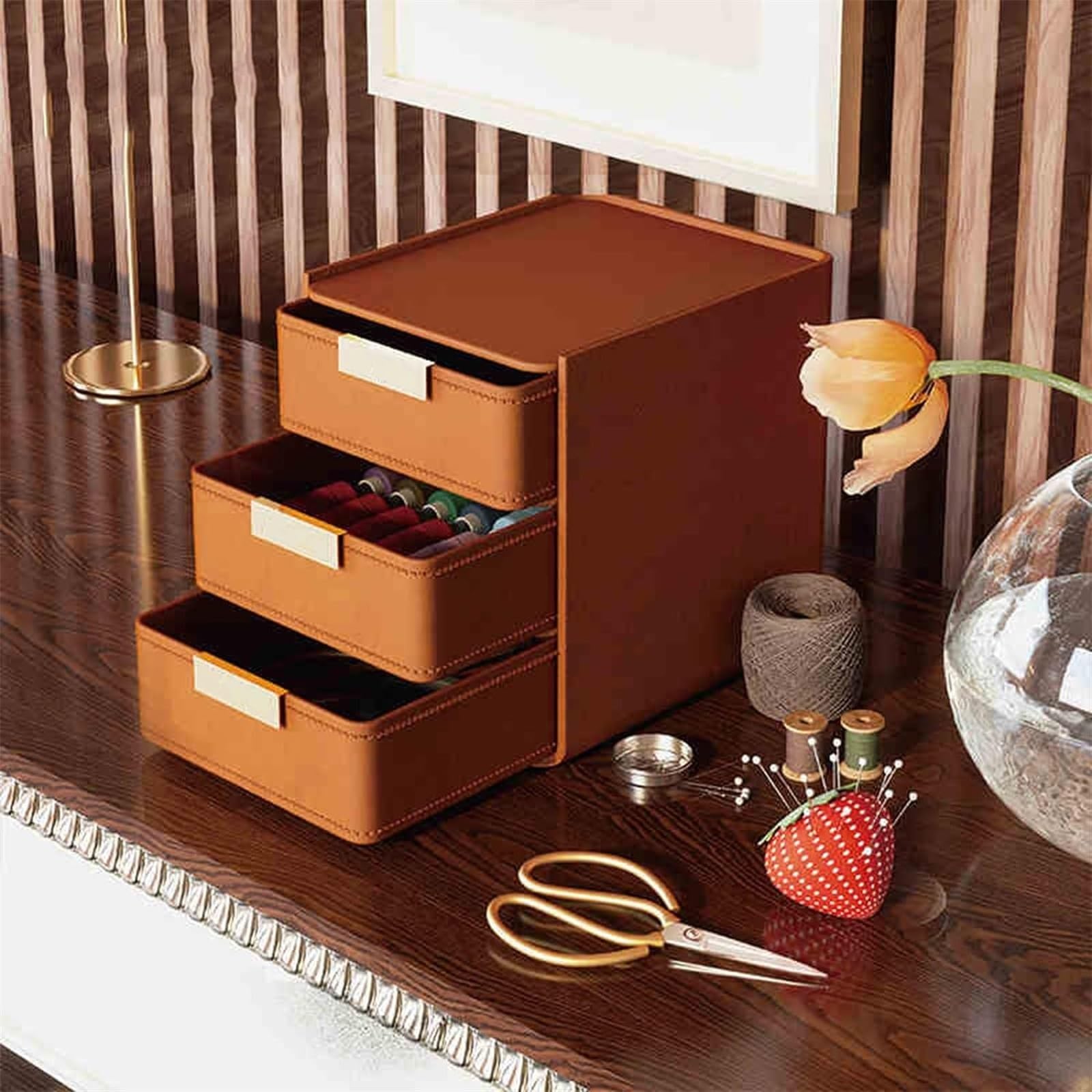 KanDuo Nähzubehör, Nähset, Nähset-Set, mit Zubehör, Lederschublade, Nähkasten, Aufbewahrungsbox, Heim-Näh-Reparatur-Werkzeugset for Anfänger, Damen und Herren, Orange