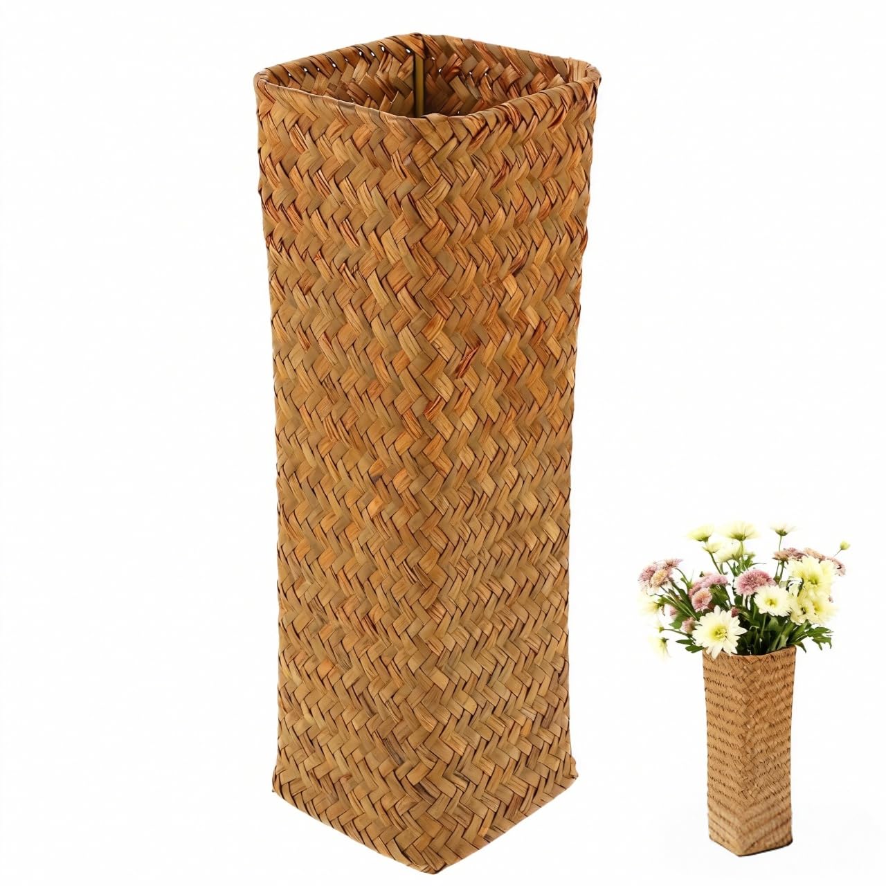 VOSAREA Natural Seaweed Weave Basket Straw Woven Vase Pastoral Rattan Flower Vase Vintage Wicker Flower Basket for Home House Hotel Decoration