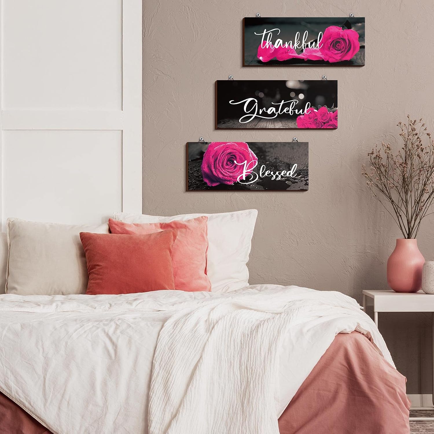 Hillban 3 Pcs Bathroom Wall Decor Rose Wooden Art, 10 x 4 Inch, Dark Pink