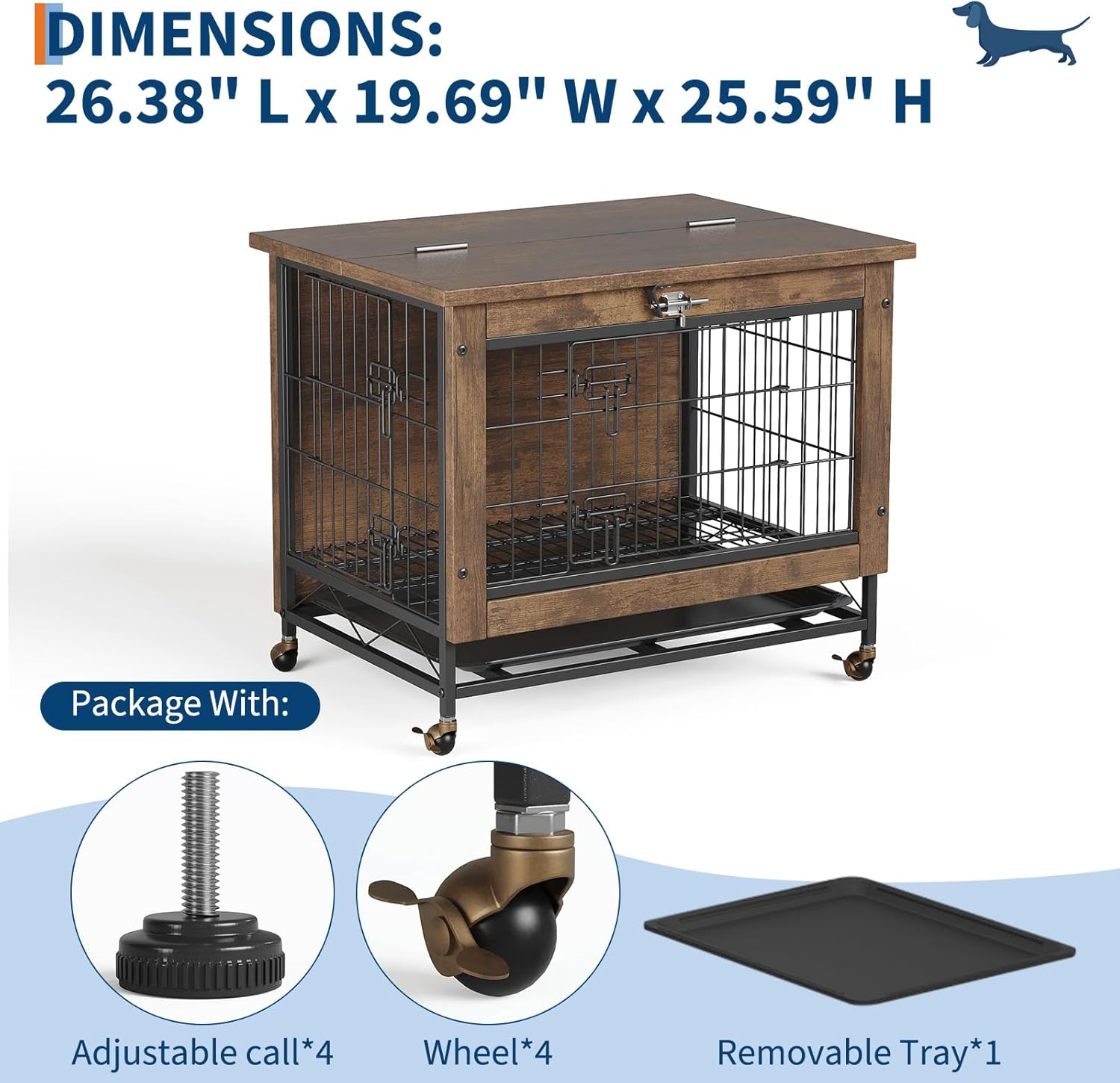 Garvee Dog Crate Furniture with 2 Doors, Indoor Small Dog Crates with Wheels, Heavy Duty Wooden Kennel Furniture, End Side Table Cage, Anti-Chew, Rustic Brown