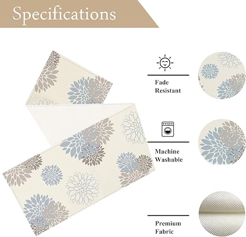 Miniatura 4 de Camino de mesa azul claro y gris con flores de dalia silvestre, pinnata, moderno, elegante, pompones, decoración geométrica de centro de mesa para