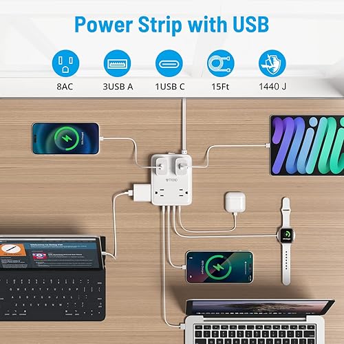 Miniatura 9 de TROND Tira de alimentación con protector de sobretensiones, cable de extensión de enchufe plano de 5 pies, 8 salidas de CA amplias, 4 cargadores USB