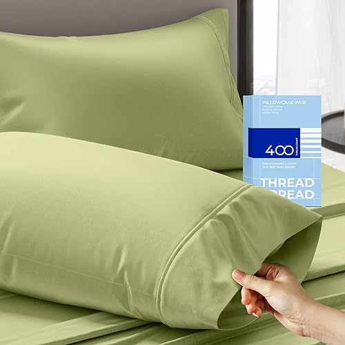 THREAD SPREAD 100% Cotton Pillowcases Standard/Queen Size Set of 2-400 Thread Count Cotton Pillowcases, Ultra Soft Cool Sateen Weave Pillow Cases for Sleeping, Set of 2 Pillow Covers (Sage Green)