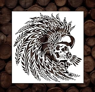 Skull with Native American Headdress Logo Stencil Template Reusable Logo Arts and Crafts Material Scrapbooking for Airbrush Painting Drawing 10 x 10 inch