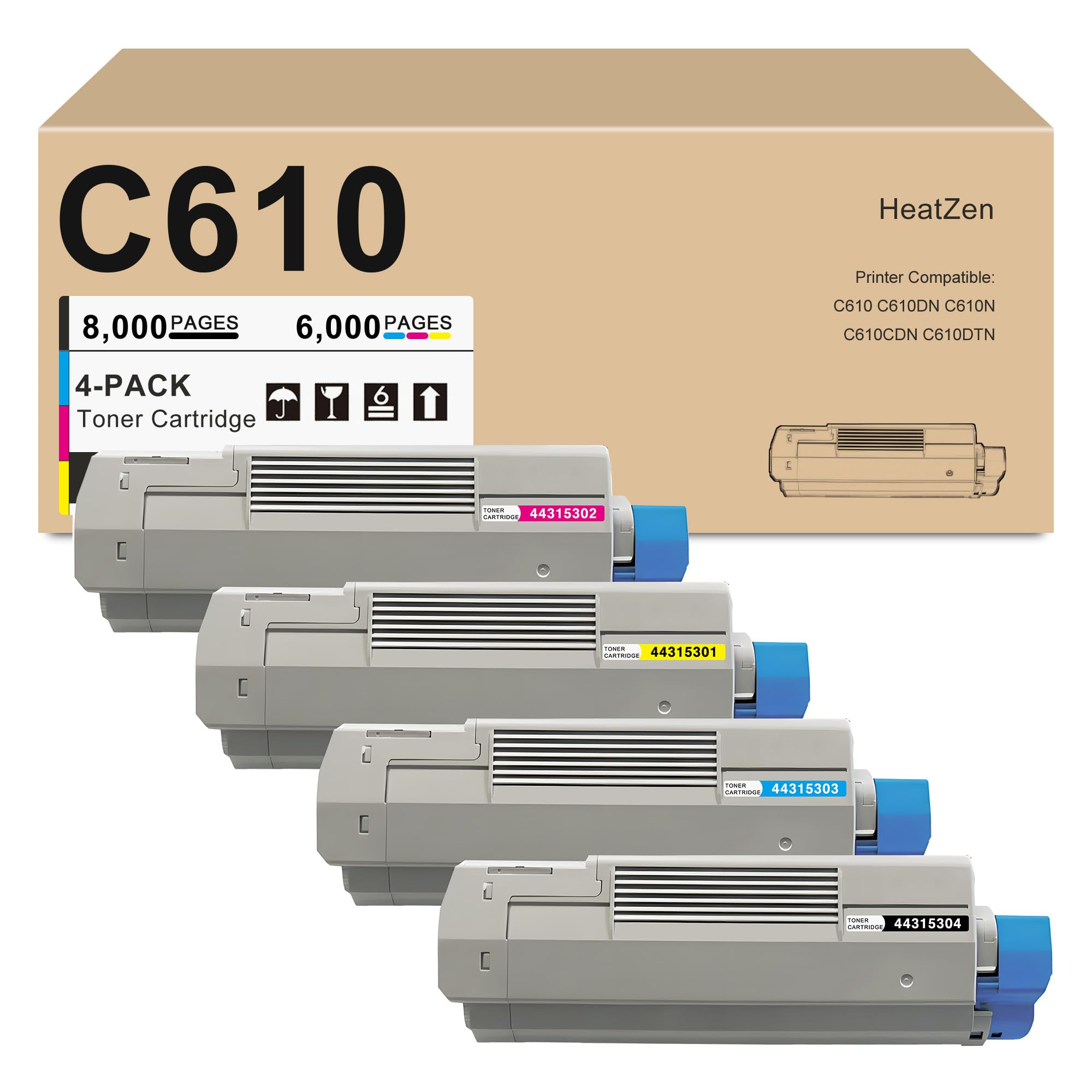 c610 toner cartridge set (4-pack, black cyan magenta yellow) replacement for oki okidata 44315304 44315303 44315302 44315301 toner cartridge for c610 c610dn c610n c610cdn c610dtn printers