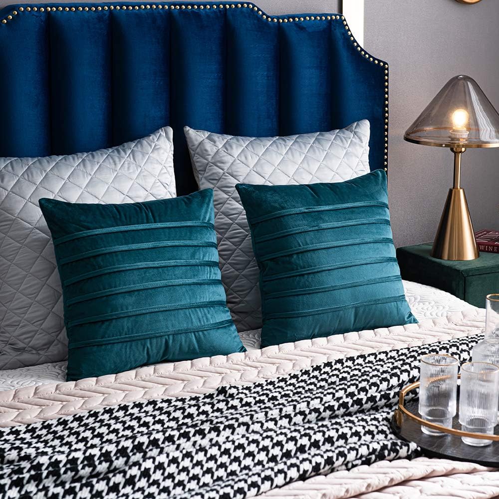 DEZENE 16x16 Teal Throw Pillow Cases: 2 Pack Cozy Soft Striped Velvet Square Decorative Pillow Covers for Couch