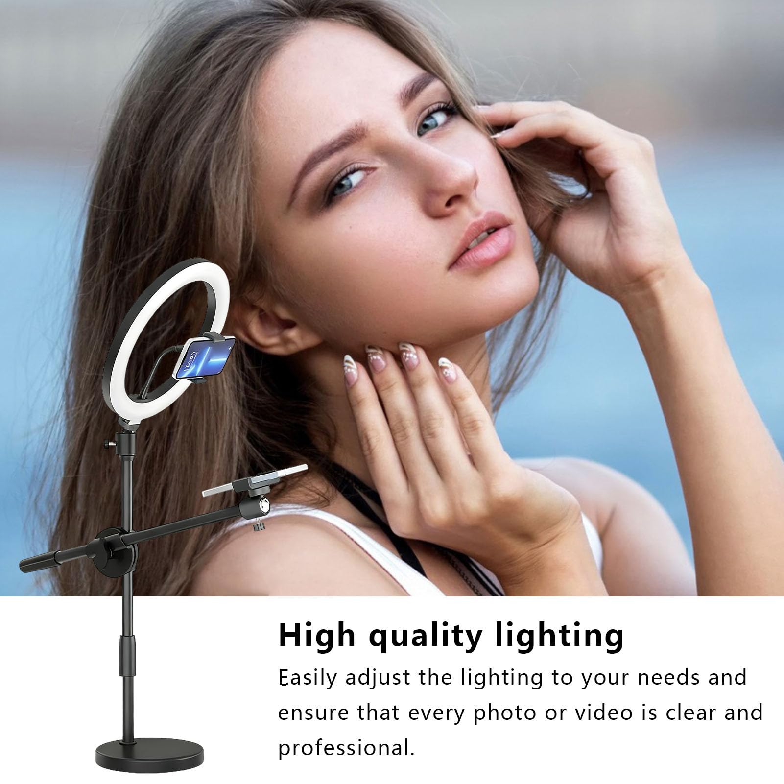 Ring Light Overhead - Supporto regolabile per selfie con supporto per | telefono, supporto flessibile per treppiede, illuminazione a LED per classi, riprese video, creazione di contenuti