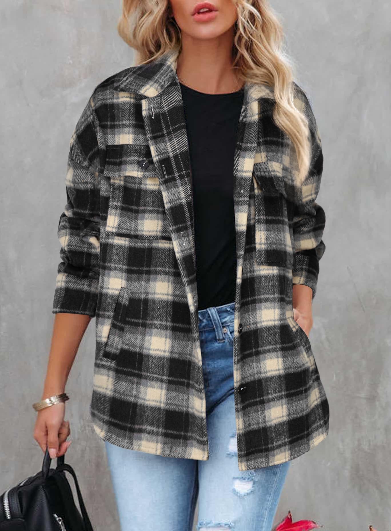 Beaully Women's Flannel Plaid Shacket Long Sleeve Button Down Shirts Jacket Coats with Side Pockets
