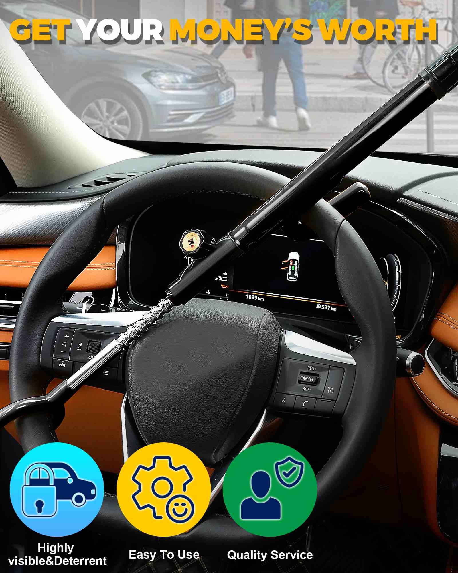 Tevlaphee Steering Wheel Lock Anti-Theft Device Security Car Lock Anti Theft Car Device Visible Antitheft Locking Devices Adjustable Car Wheel Lock for Cars with 3 Keys (Black)