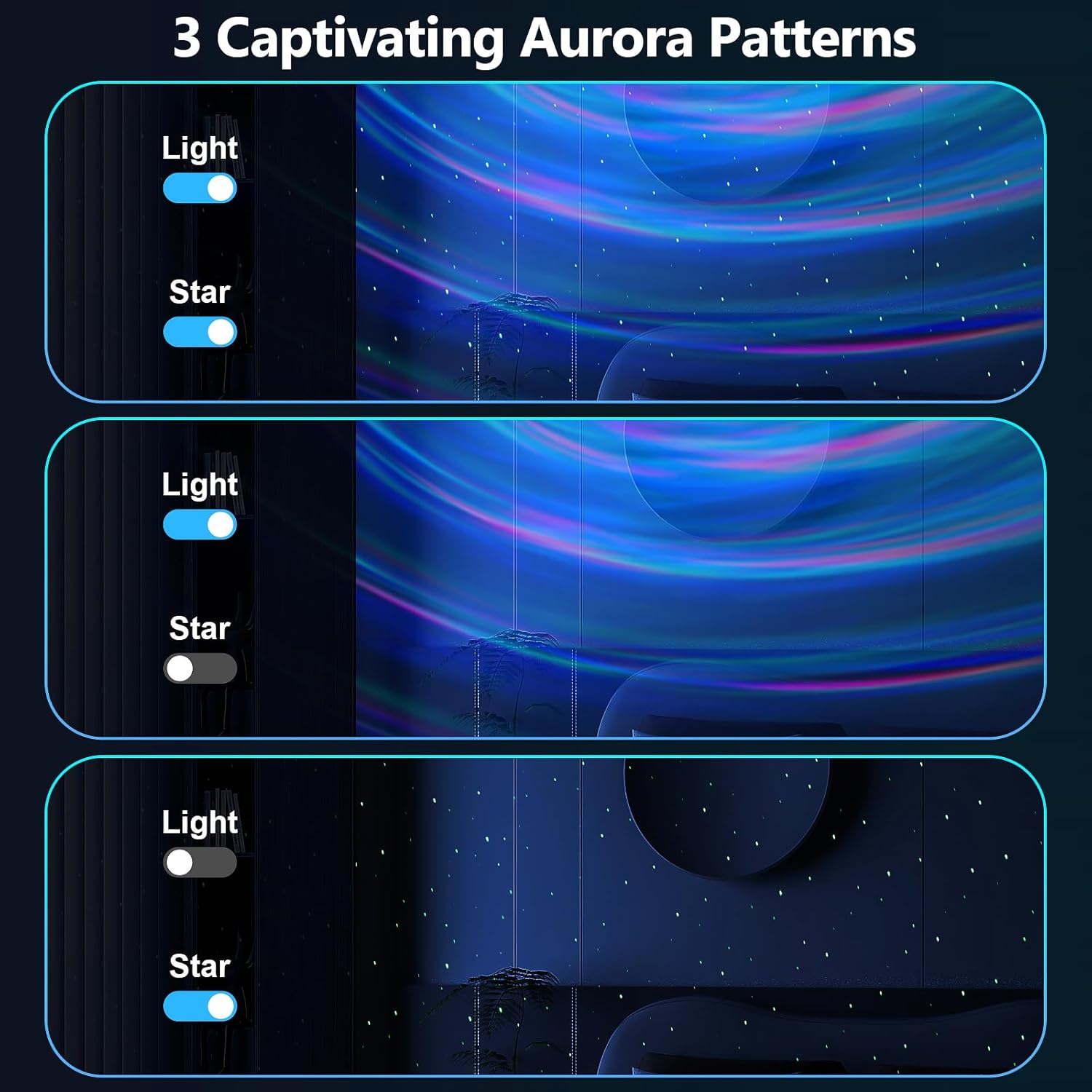 Tre eksamples of captivating aurora patterns with options to toggle light and star effects.